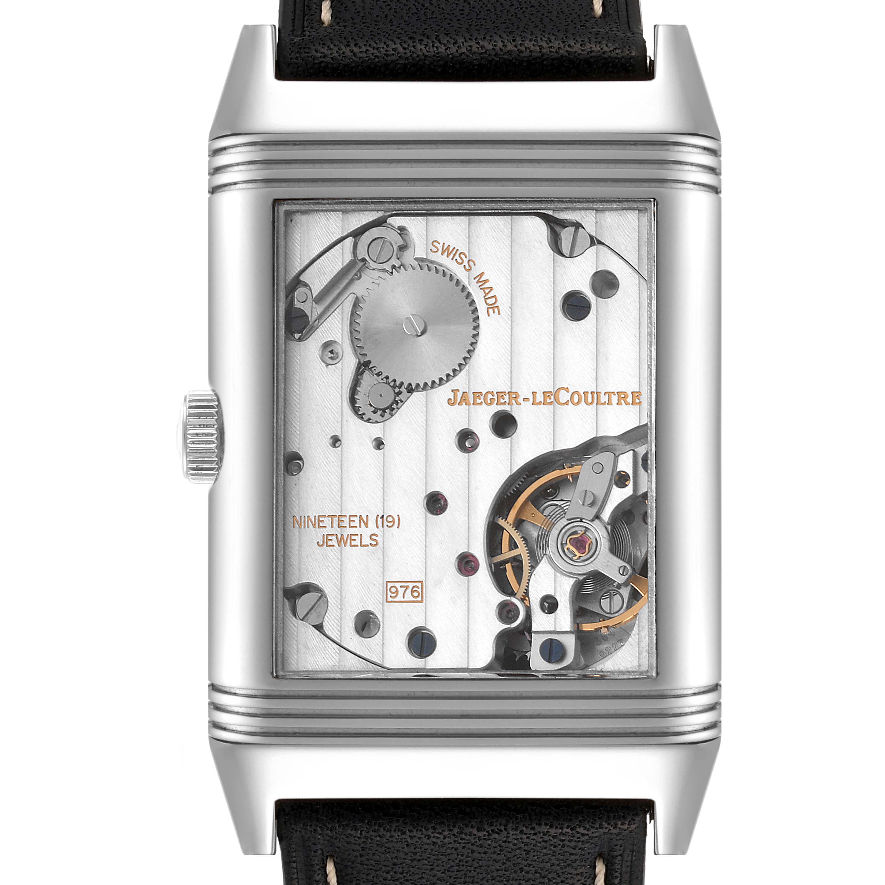 This image shows the movement and intricate inner mechanisms of a Jaeger LeCoultre Reverso Q3738470 Men's Stainless Steel Black Dial Q3738470 Men's Stainless Steel Black Dial watch viewed from the back.