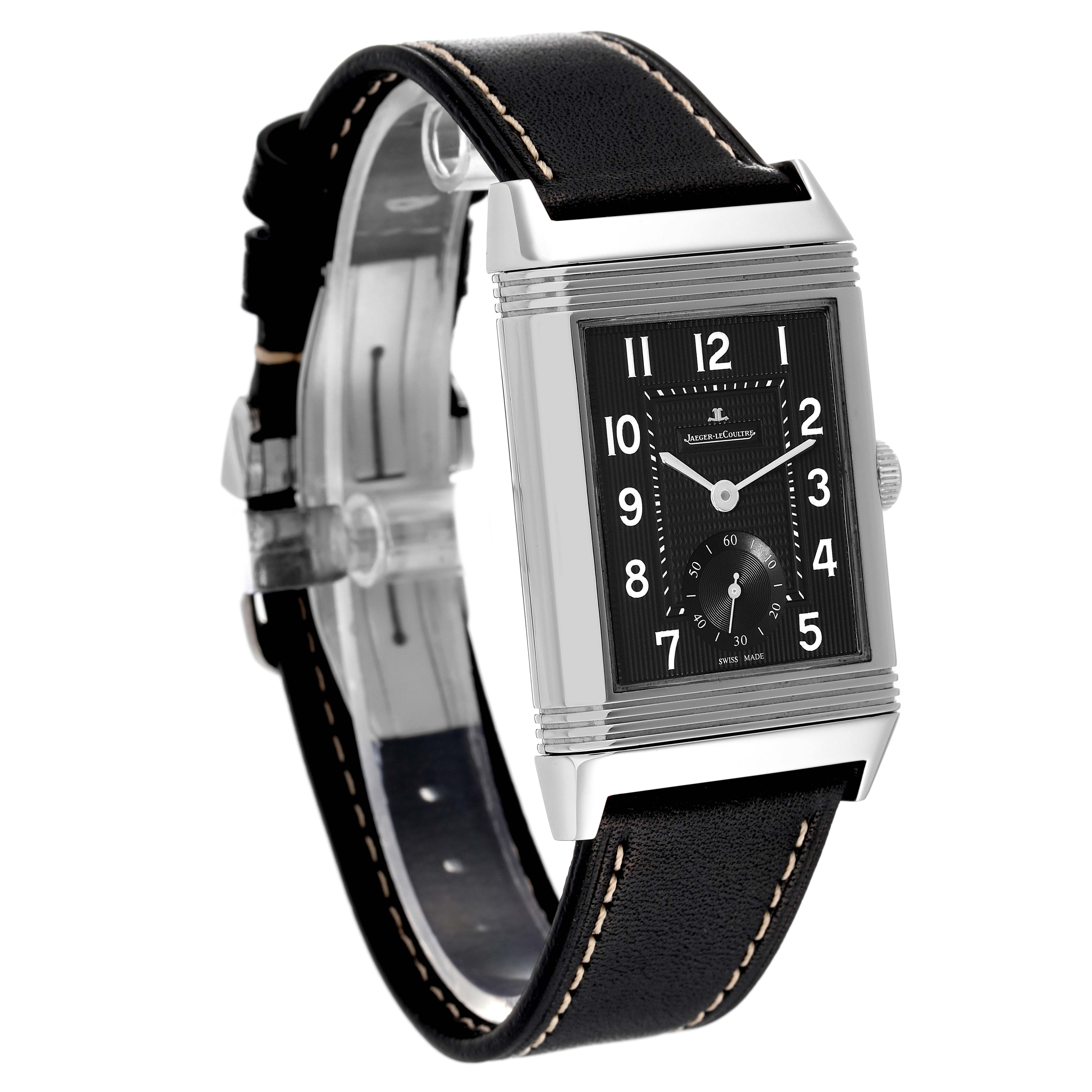 This image shows a Jaeger-LeCoultre Reverso watch at a front-left angle, highlighting the watch face, case, and leather strap.