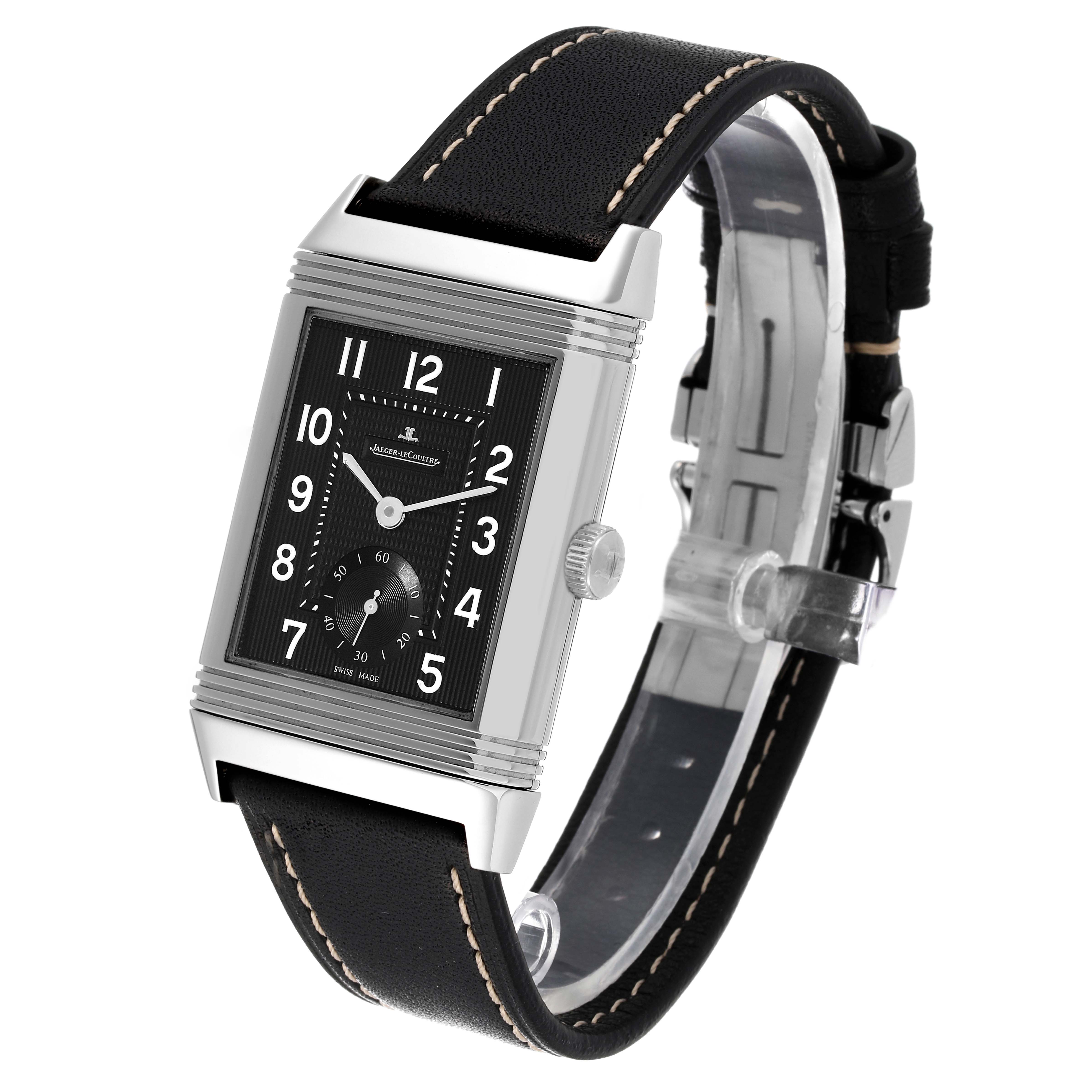 This image shows the Jaeger LeCoultre Reverso Q3738470 Men's Stainless Steel Black Dial Q3738470 Men's Stainless Steel Black Dial watch at a slight angle, highlighting the dial, case, strap, and crown.
