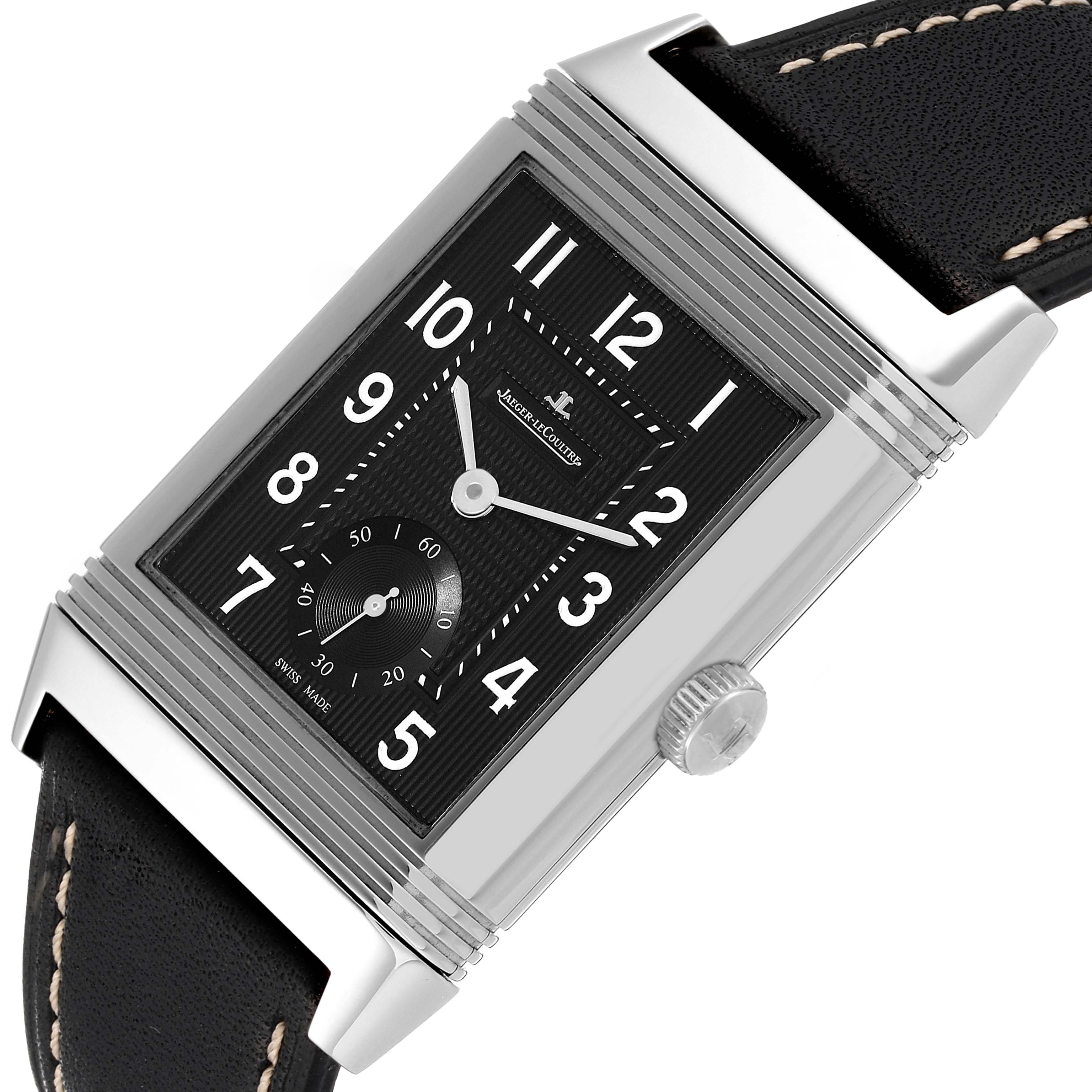 The image shows a close-up view of the face and crown of a Jaeger-LeCoultre Reverso watch.