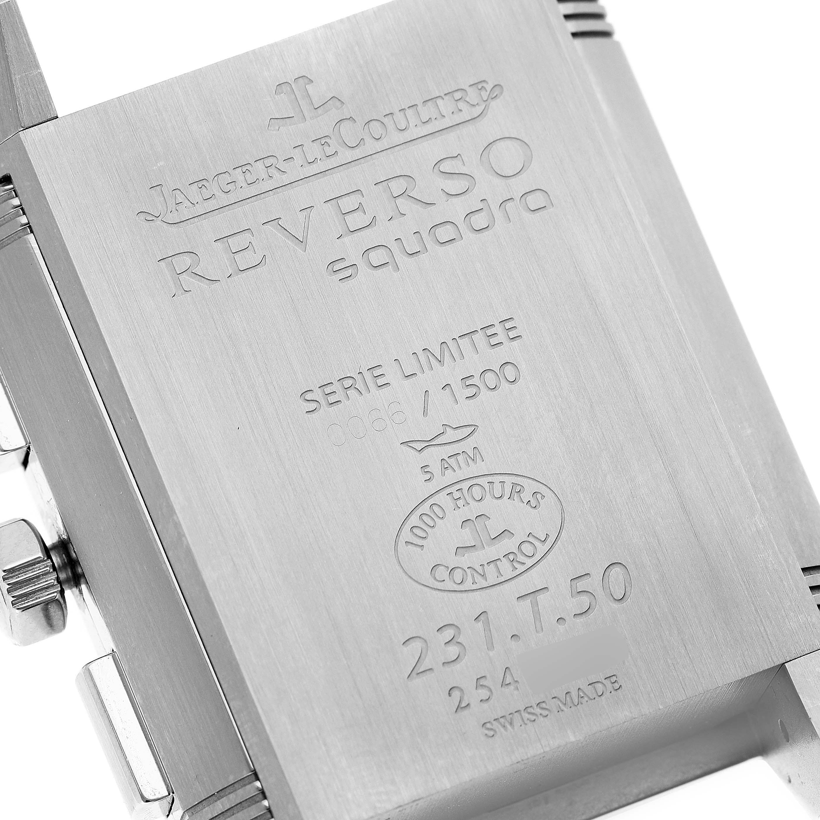 The image shows the back case of a Jaeger LeCoultre Reverso Q702T470 Men's Titanium Black Dial Q702T470 Men's Titanium Black Dial Squadra watch with engravings indicating model and limited series details.