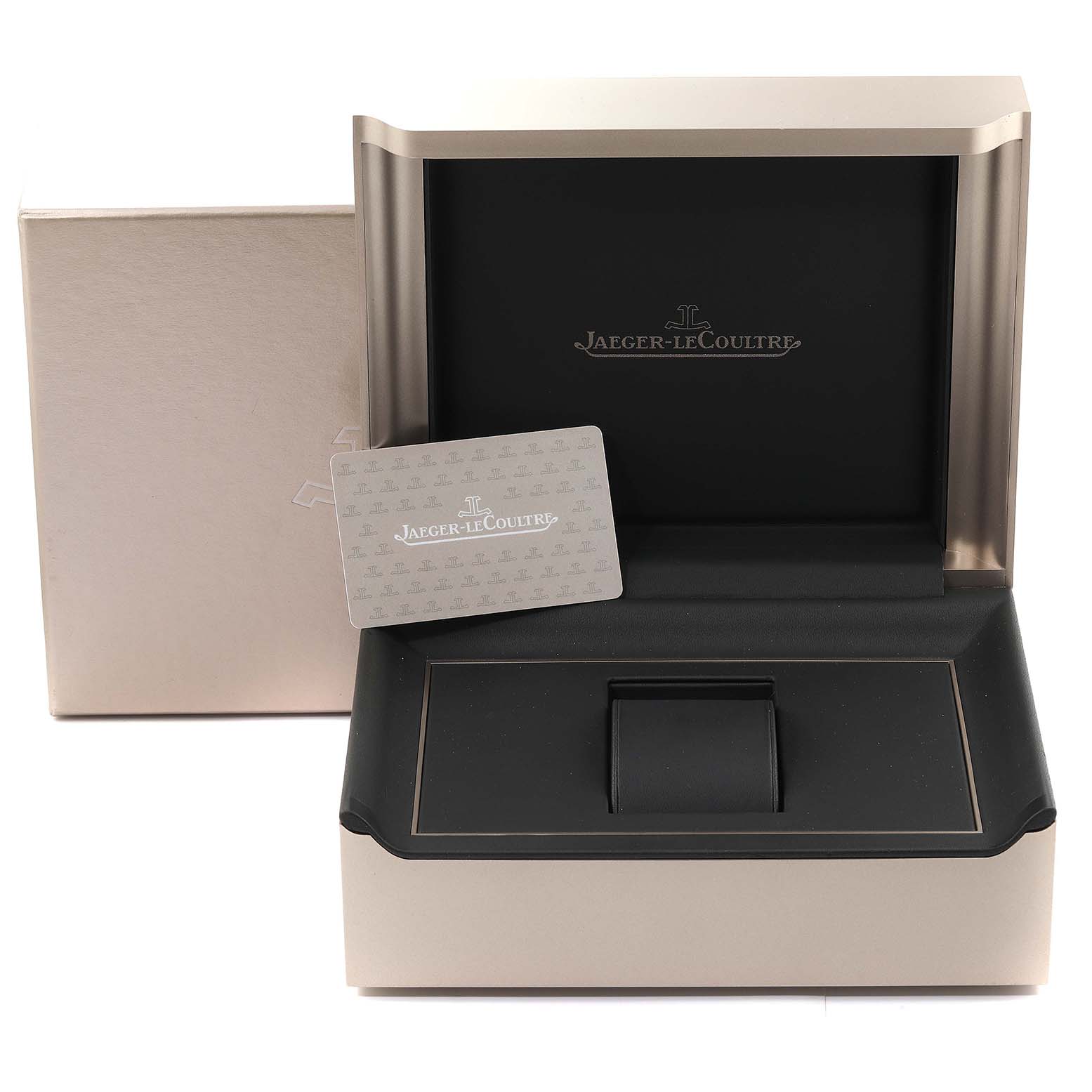 This image shows the packaging and presentation box for the Jaeger-LeCoultre Reverso watch, along with a branded card.