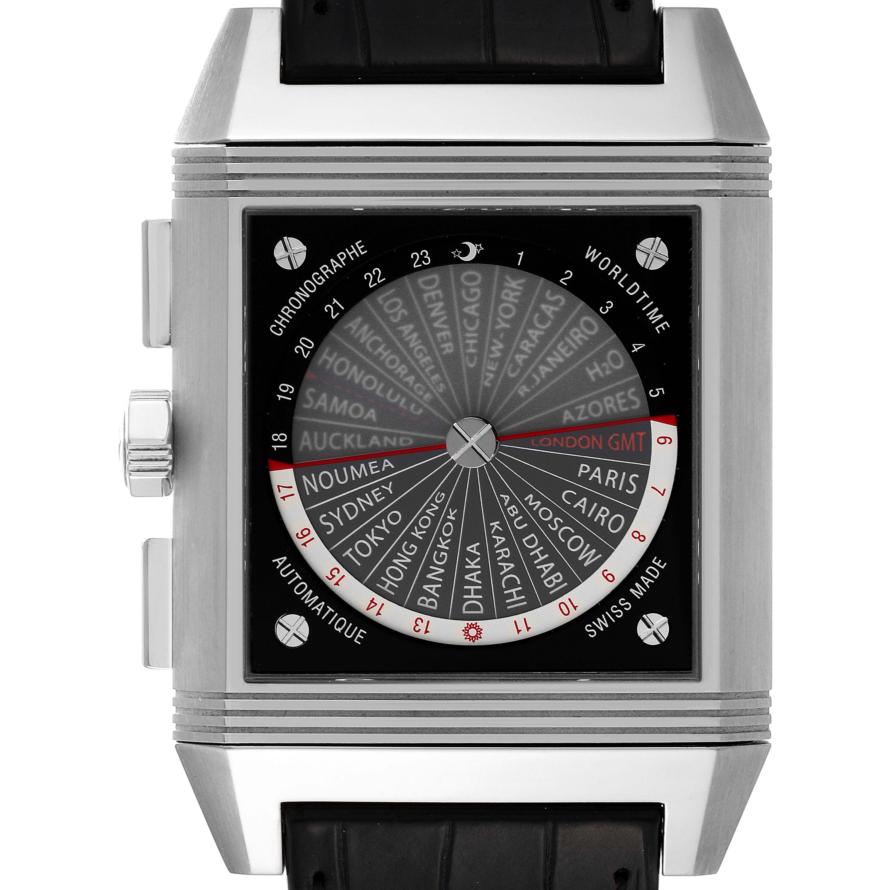 The image shows a front view of the Jaeger LeCoultre Reverso Q702T470 Men's Titanium Black Dial Q702T470 Men's Titanium Black Dial watch, highlighting its world time function and chronograph features.