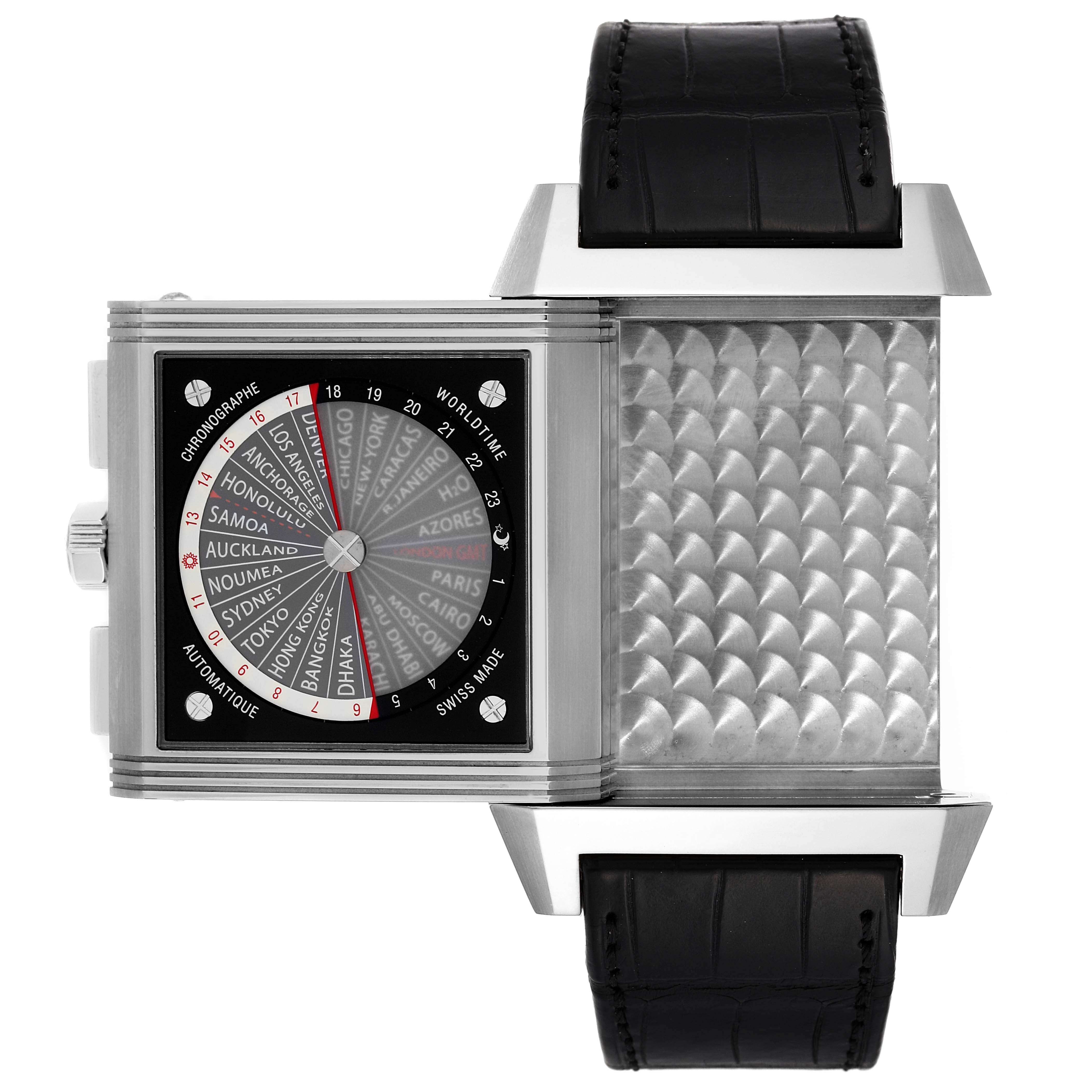 The image shows the Jaeger LeCoultre Reverso Q702T470 Men's Titanium Black Dial Q702T470 Men's Titanium Black Dial watch with its reversible case partially opened, revealing both faces and part of the strap.