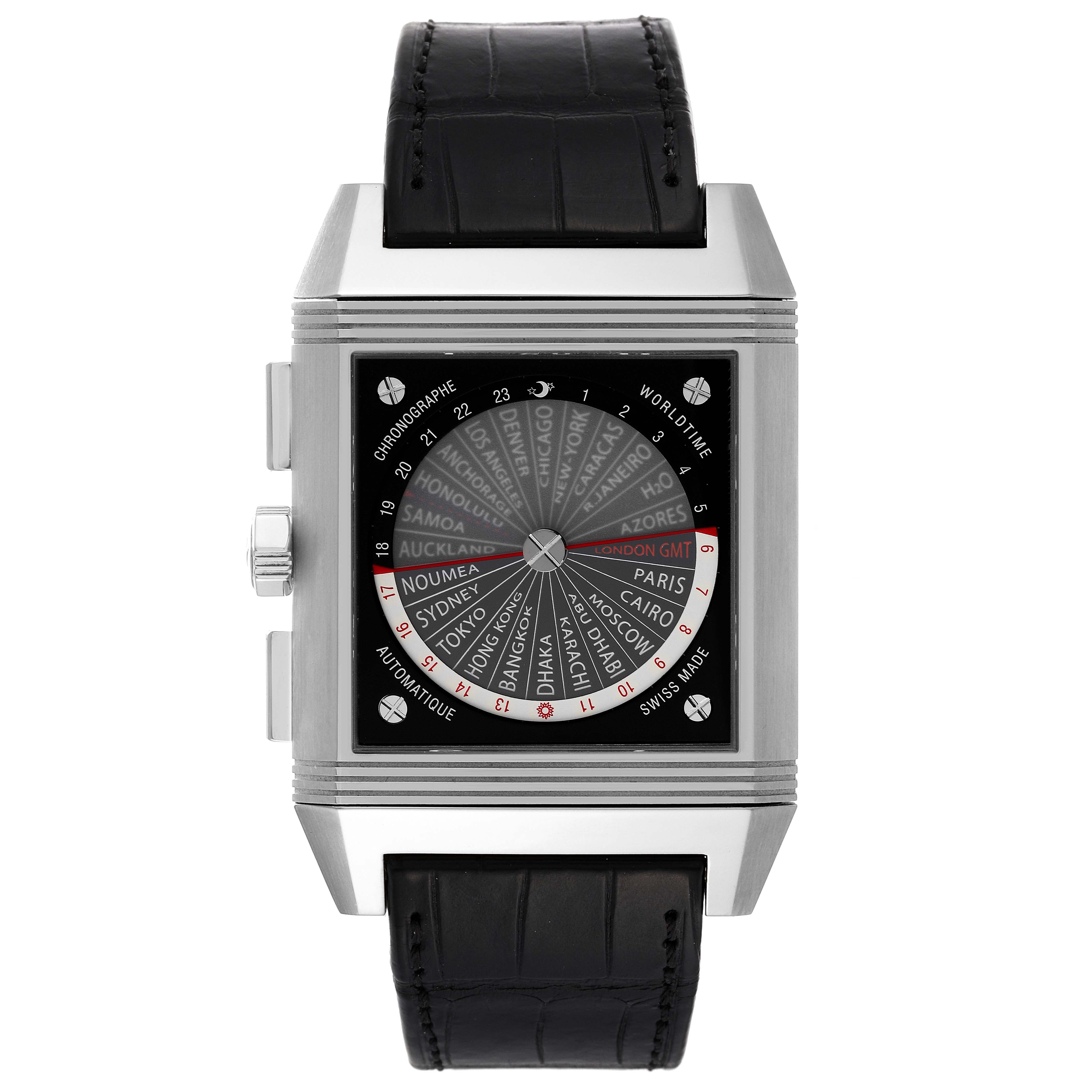 This image shows a front view of the Jaeger LeCoultre Reverso Q702T470 Men's Titanium Black Dial Q702T470 Men's Titanium Black Dial watch, displaying its world time dial and leather strap.