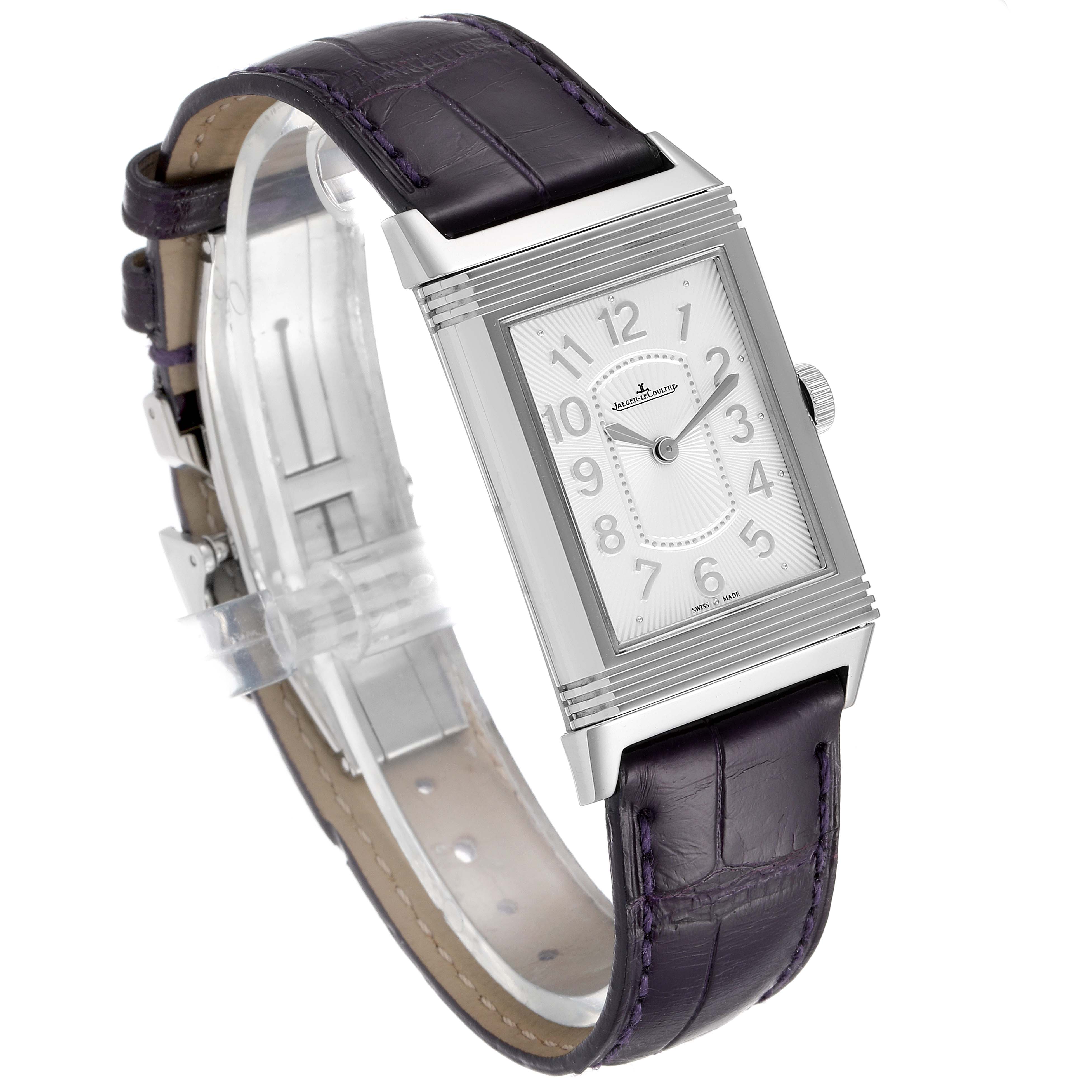 The image shows a Jaeger LeCoultre Reverso 268.8.47 Women's Stainless Steel Silver Dial 268.8.47 Women's Stainless Steel Silver Dial watch at a three-quarter angle, featuring a rectangular dial and leather strap.