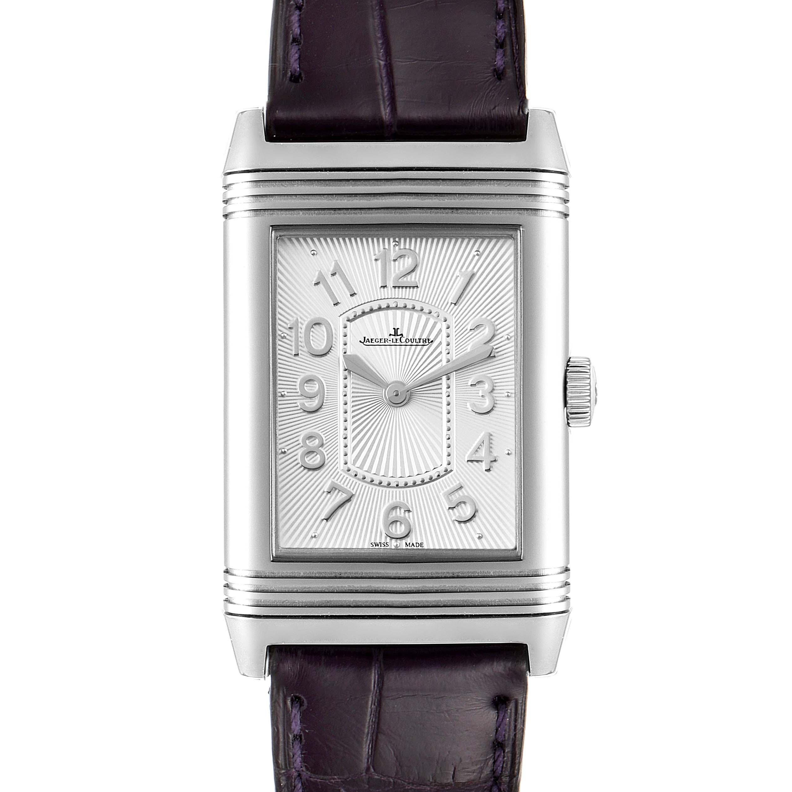 Front view of the Jaeger-LeCoultre Reverso watch showing the dial, case, and part of the strap.