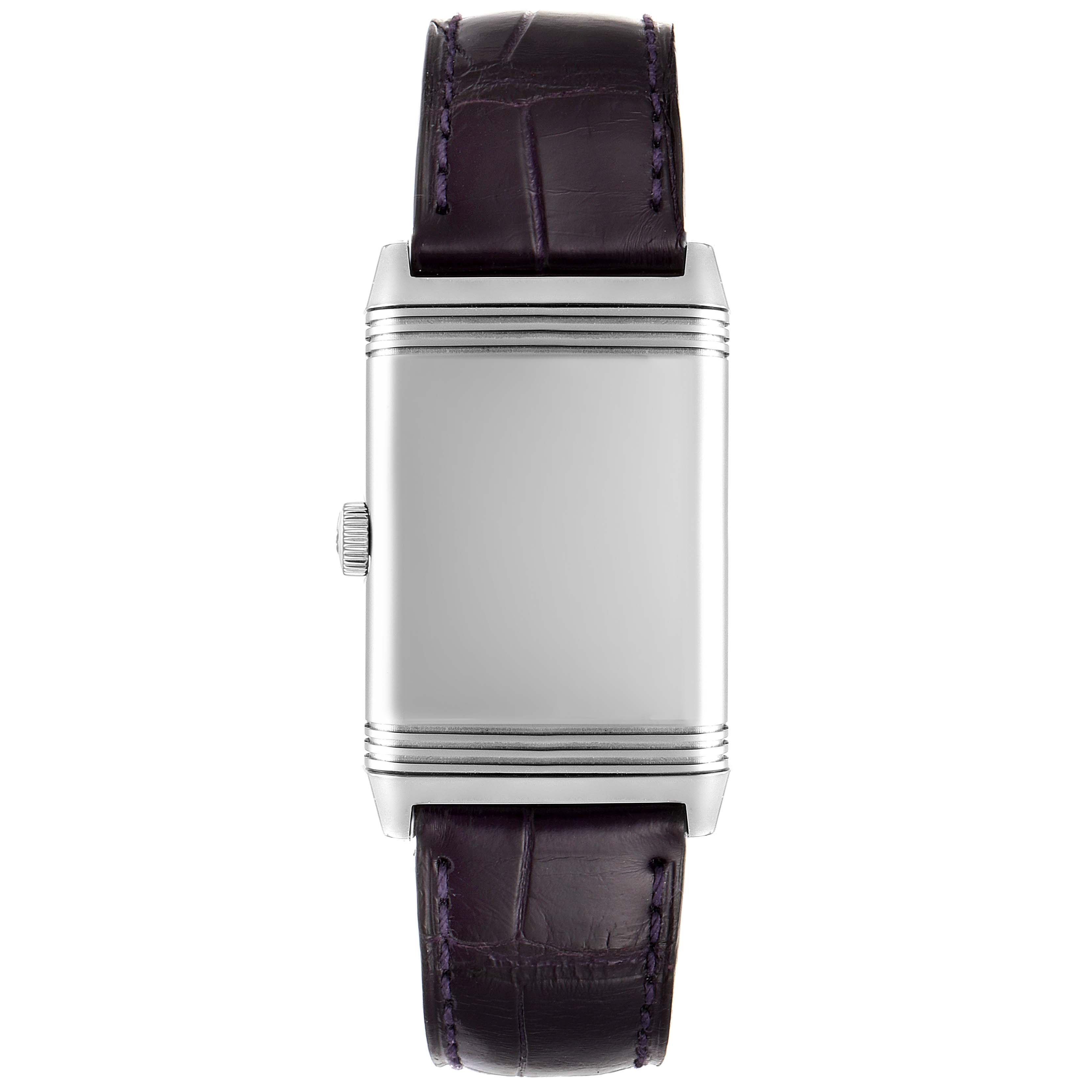 The image shows the front view of the Jaeger LeCoultre Reverso 268.8.47 Women's Stainless Steel Silver Dial 268.8.47 Women's Stainless Steel Silver Dial watch with a leather strap and plain dial.