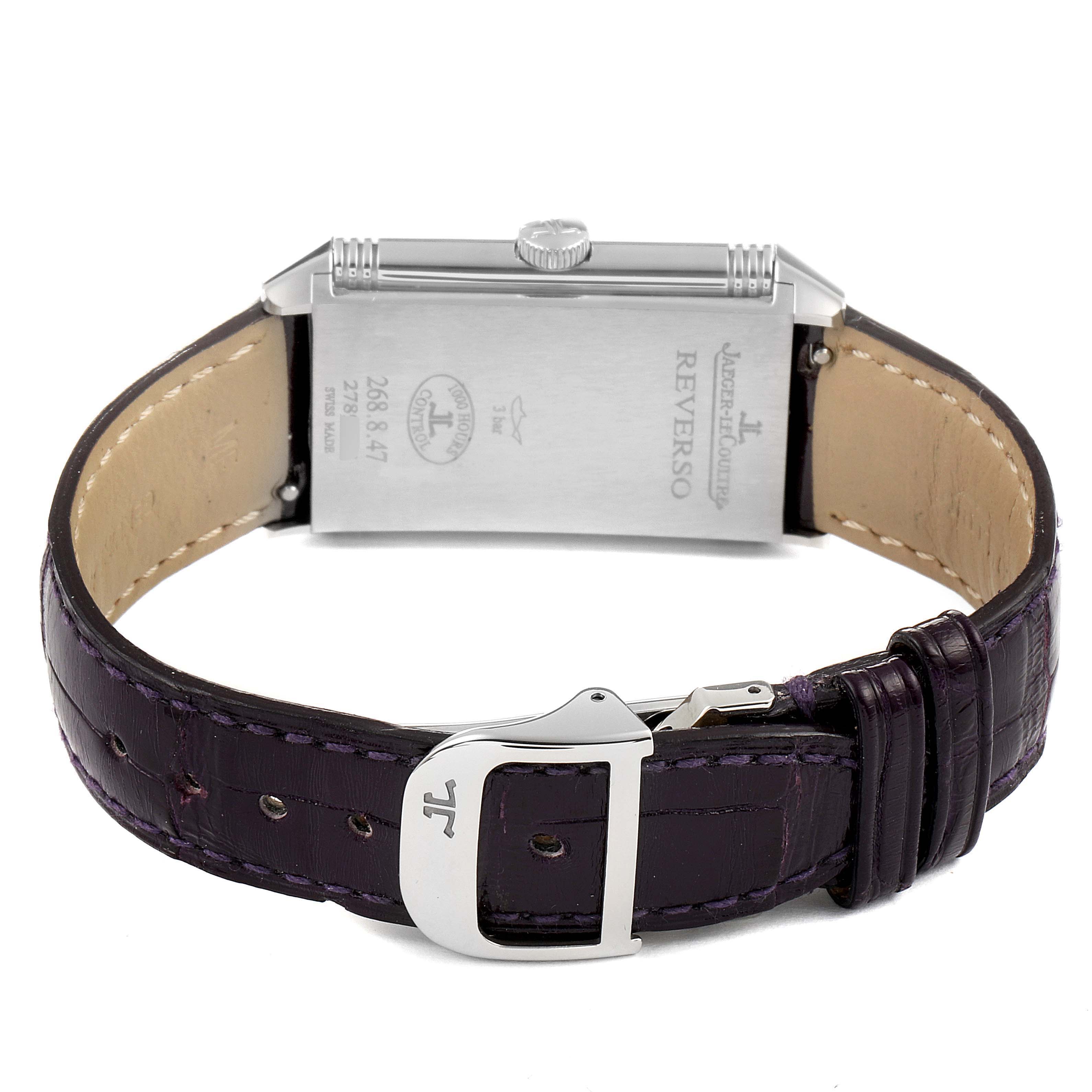 This image shows the back and side view of the Jaeger LeCoultre Reverso 268.8.47 Women's Stainless Steel Silver Dial 268.8.47 Women's Stainless Steel Silver Dial watch, highlighting the case back and strap.