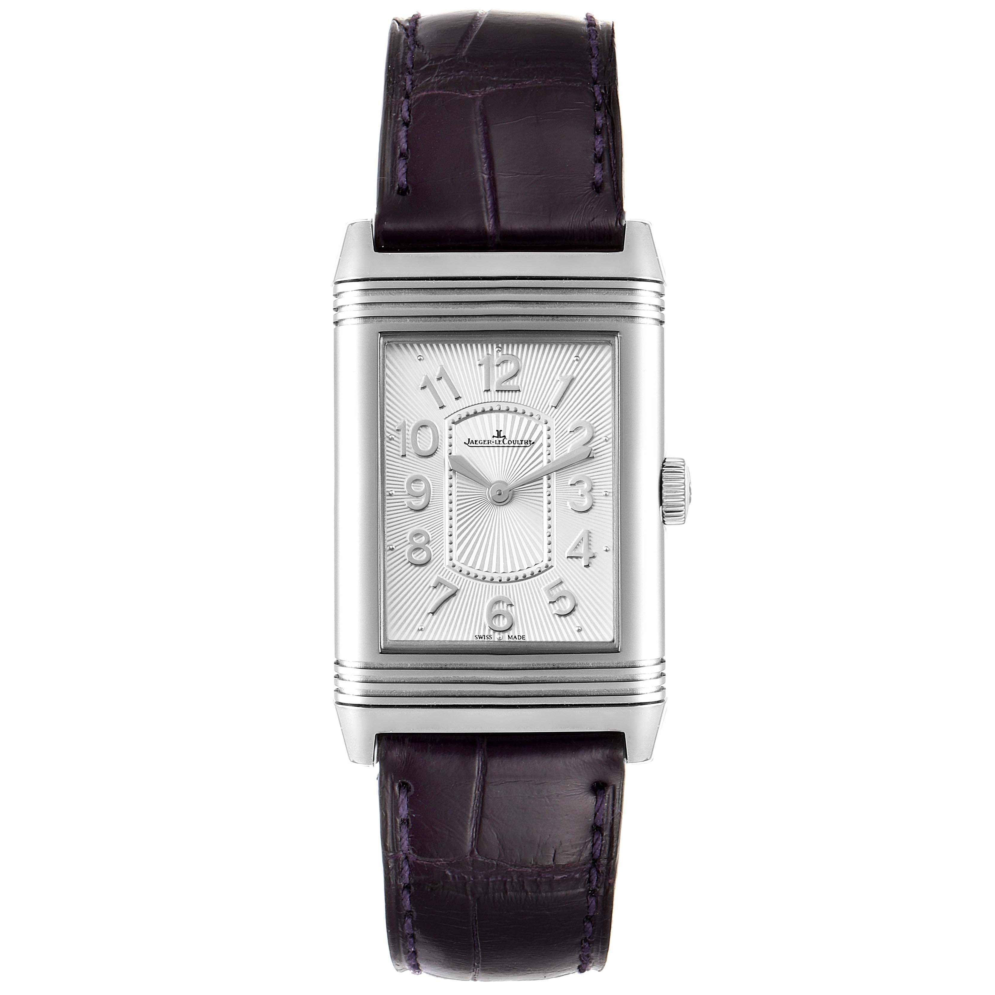 This Jaeger LeCoultre Reverso 268.8.47 Women's Stainless Steel Silver Dial 268.8.47 Women's Stainless Steel Silver Dial watch is shown from the front, displaying the rectangular dial, case, and leather strap.