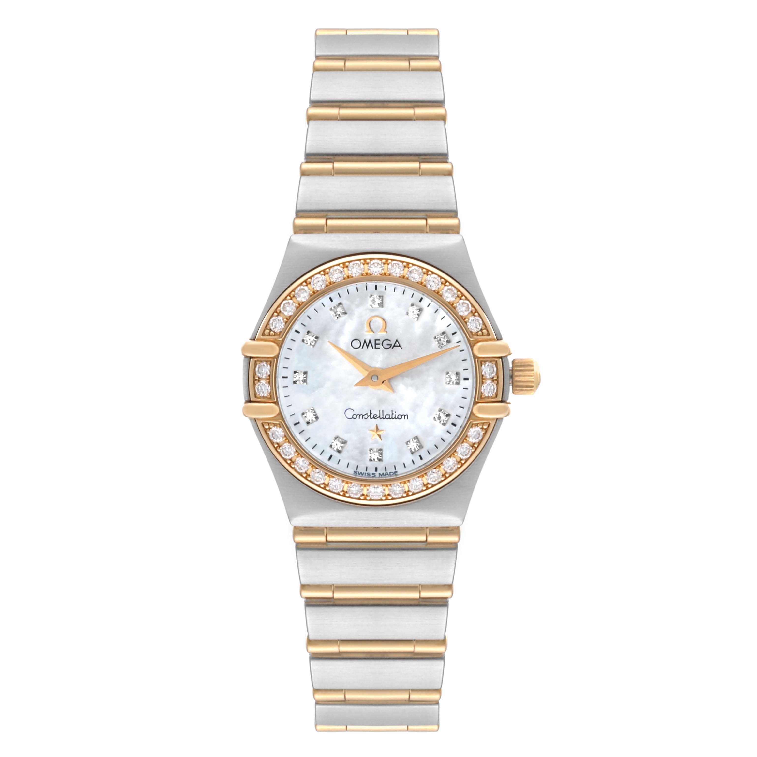 This image shows the face and strap of an Omega 1267.75.00 Women's Steel and Gold (two tone) Mother of Pearl Dial 1267.75.00 Women's Steel and Gold (two tone) Mother of Pearl Dial Constellation 95 Mother of Pearl Diamond Yellow Gold Steel Ladies Watch, model 1267.75.00, from a frontal angle.
