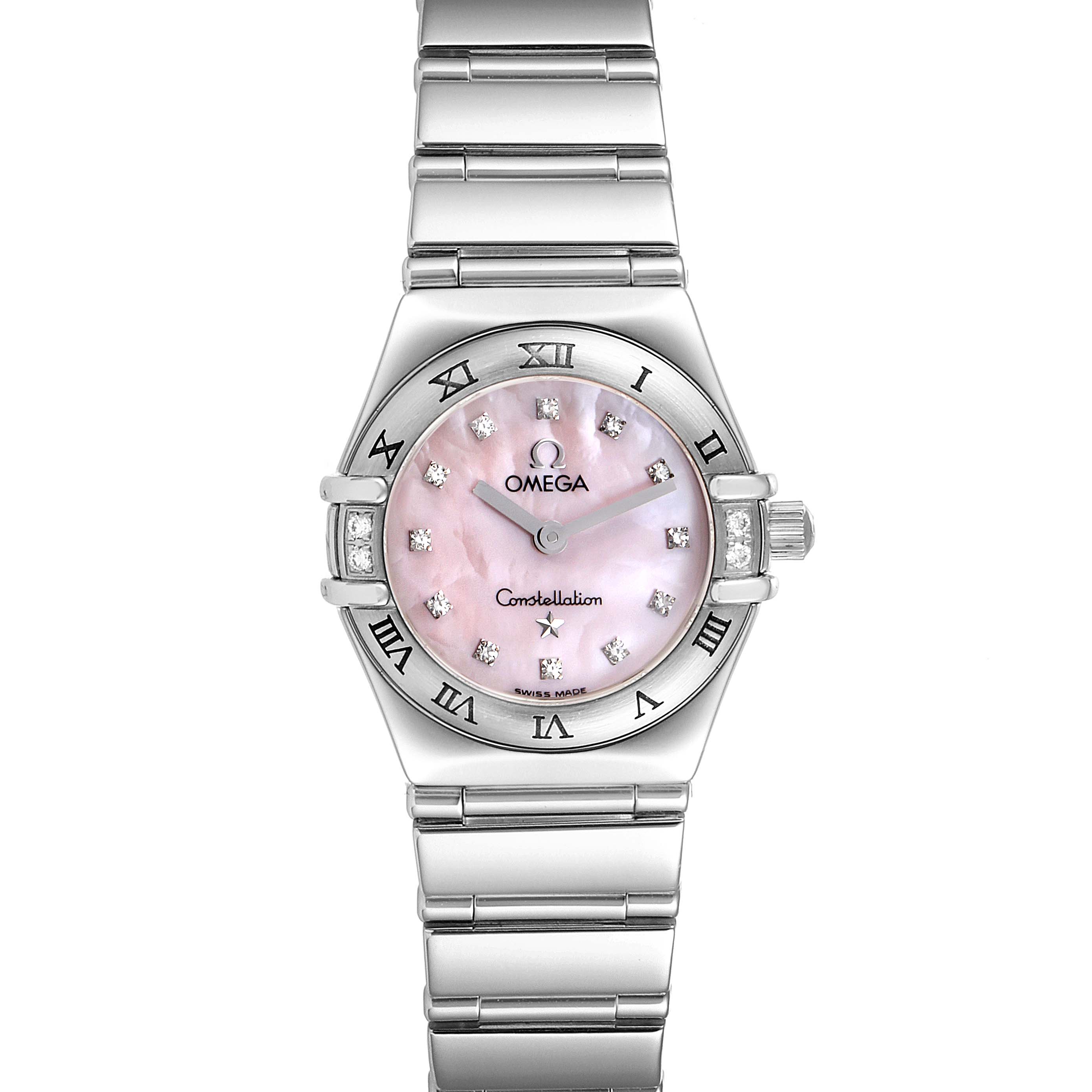 The image shows a front view of the Omega 1566.66.00 Women's Stainless Steel Mother of Pearl Dial 1566.66.00 Women's Stainless Steel Mother of Pearl Dial Constellation Mini Pink MOP Diamonds Ladies Watch 1566.66.00, displaying the dial, bezel, and bracelet.