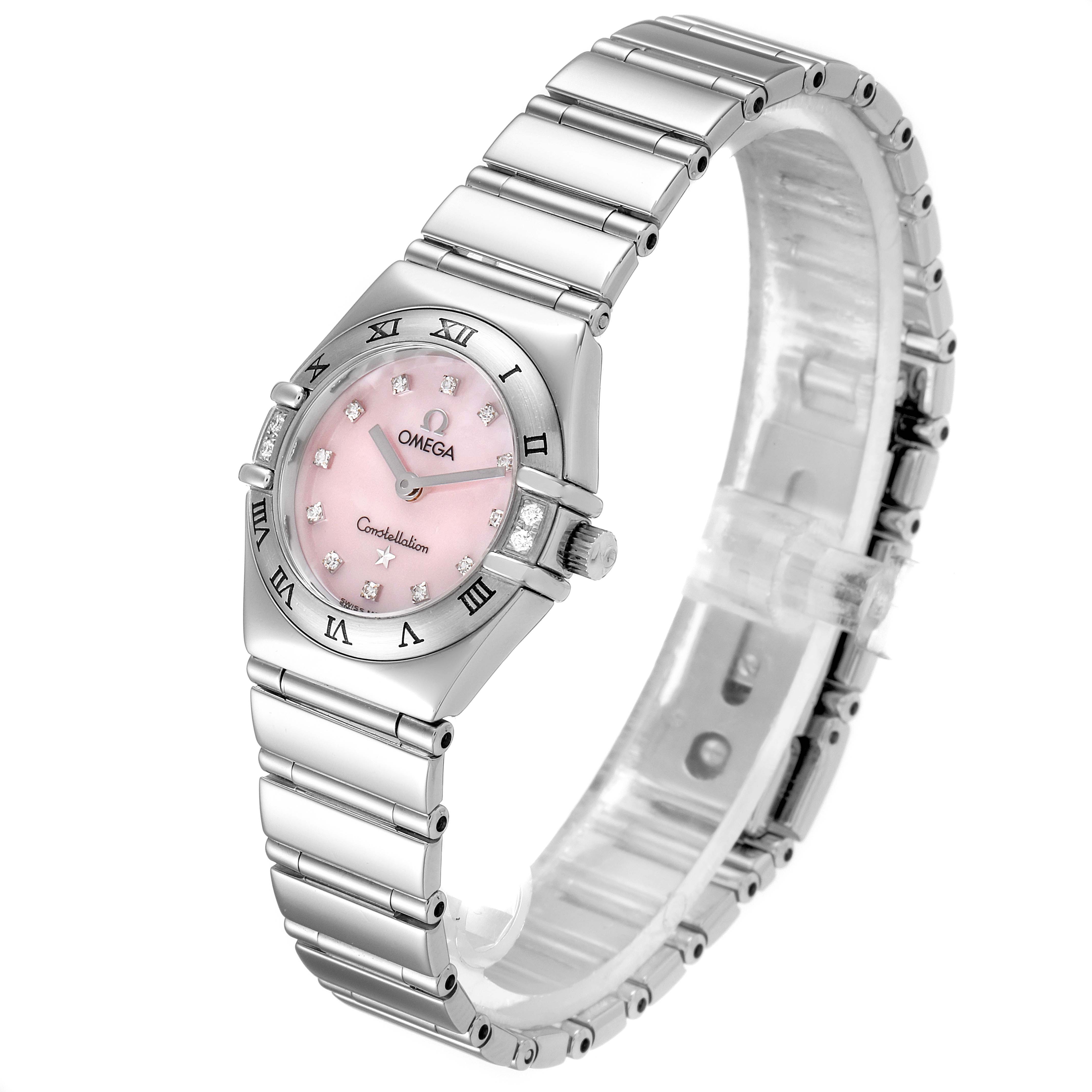 The image shows an angled view of the Omega 1566.66.00 Women's Stainless Steel Mother of Pearl Dial 1566.66.00 Women's Stainless Steel Mother of Pearl Dial Constellation Mini Pink MOP Diamonds Ladies Watch 1566.66.00, featuring the face and bracelet.
