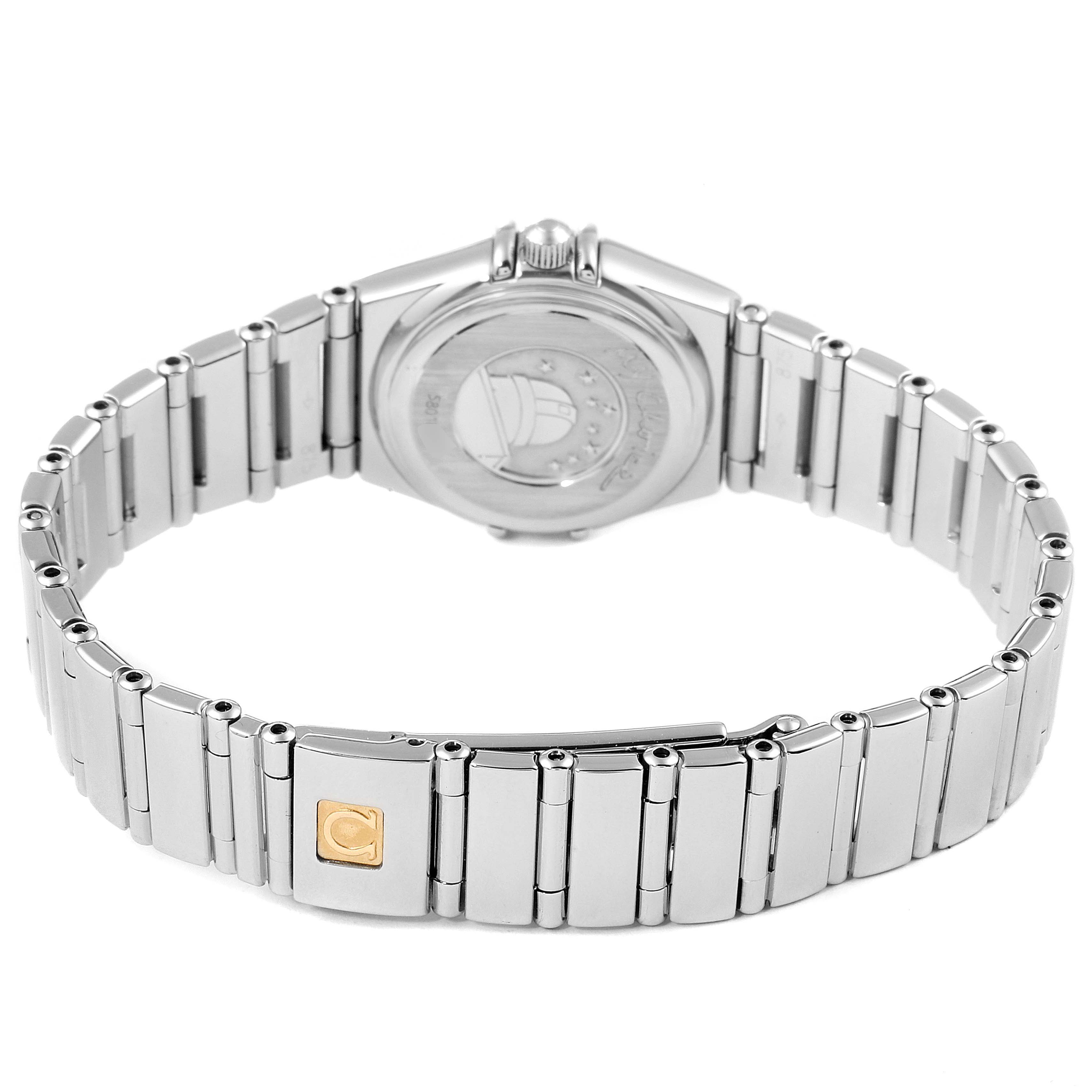 The image shows the backside and bracelet of the Omega 1566.66.00 Women's Stainless Steel Mother of Pearl Dial 1566.66.00 Women's Stainless Steel Mother of Pearl Dial Constellation Mini Pink MOP Diamonds Ladies Watch 1566.66.00.