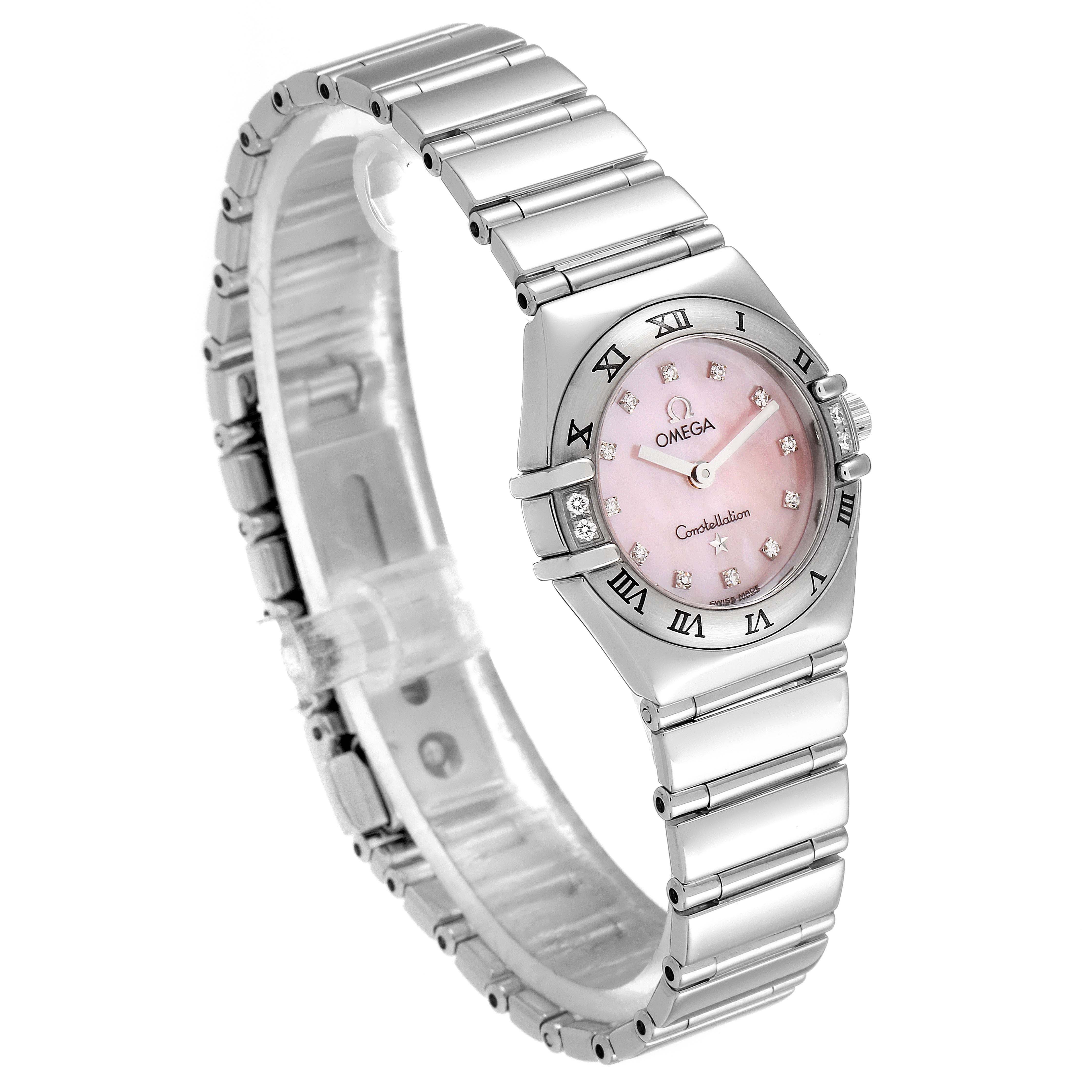 The image shows the Omega 1566.66.00 Women's Stainless Steel Mother of Pearl Dial 1566.66.00 Women's Stainless Steel Mother of Pearl Dial Constellation Mini Pink MOP Diamonds Ladies Watch 1566.66.00 at a slight angle, highlighting the dial and bracelet.