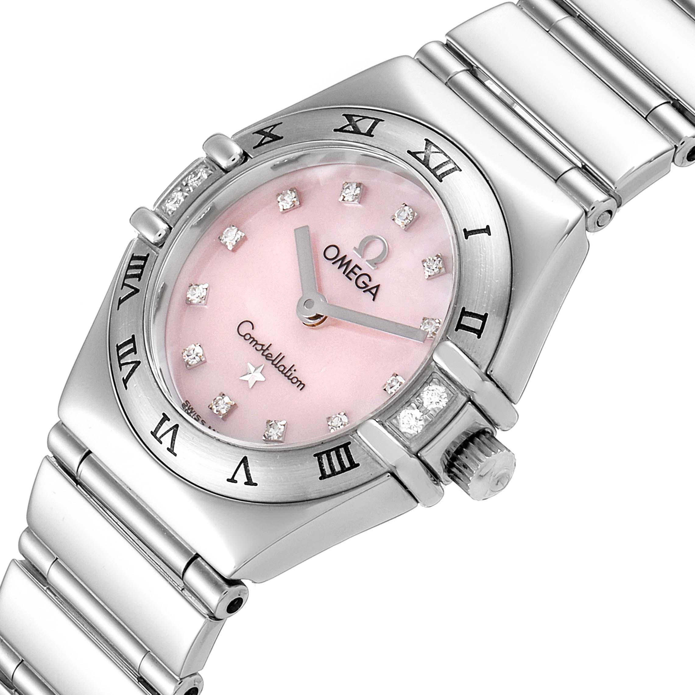 The image shows an angled view of the Omega 1566.66.00 Women's Stainless Steel Mother of Pearl Dial 1566.66.00 Women's Stainless Steel Mother of Pearl Dial Constellation Mini Pink MOP Diamonds Ladies Watch 1566.66.00, highlighting the dial and bracelet.
