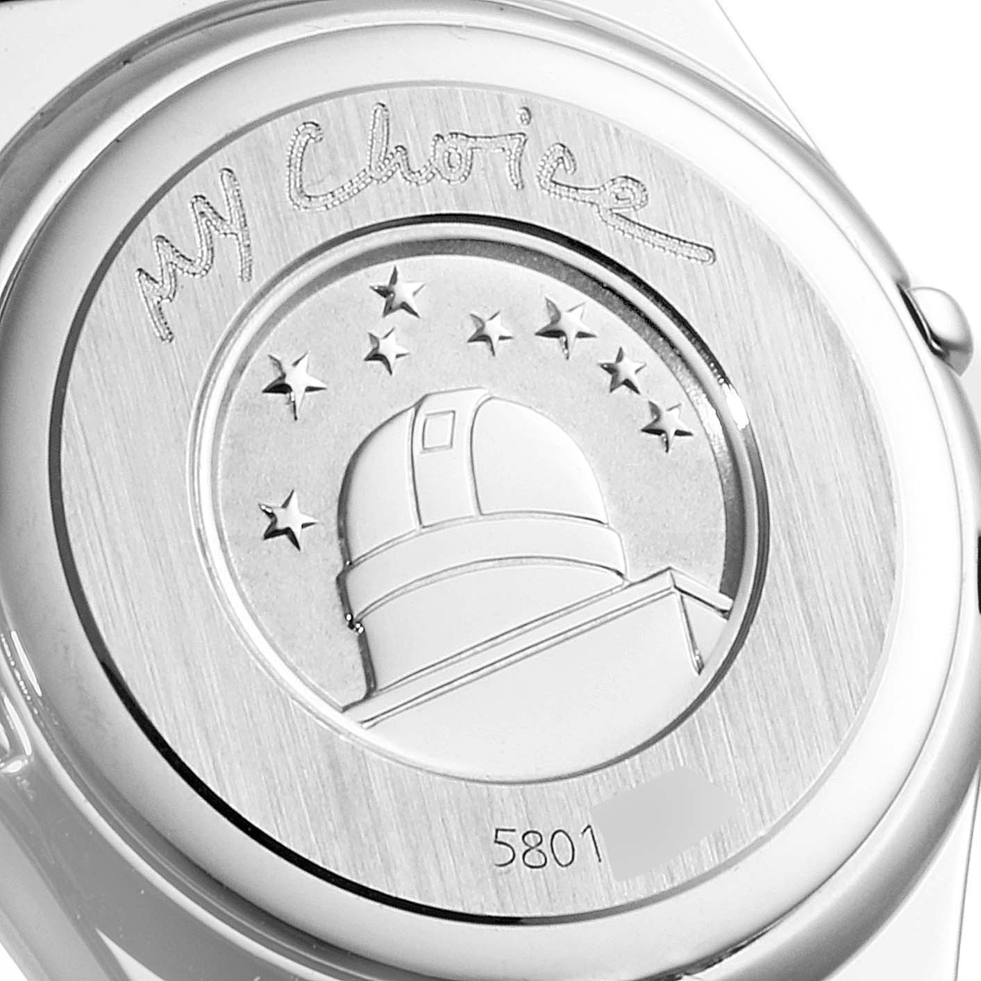 The image shows the back cover of the Omega 1566.66.00 Women's Stainless Steel Mother of Pearl Dial 1566.66.00 Women's Stainless Steel Mother of Pearl Dial Constellation Mini Pink MOP Diamonds Ladies Watch 1566.66.00 with embossed details.