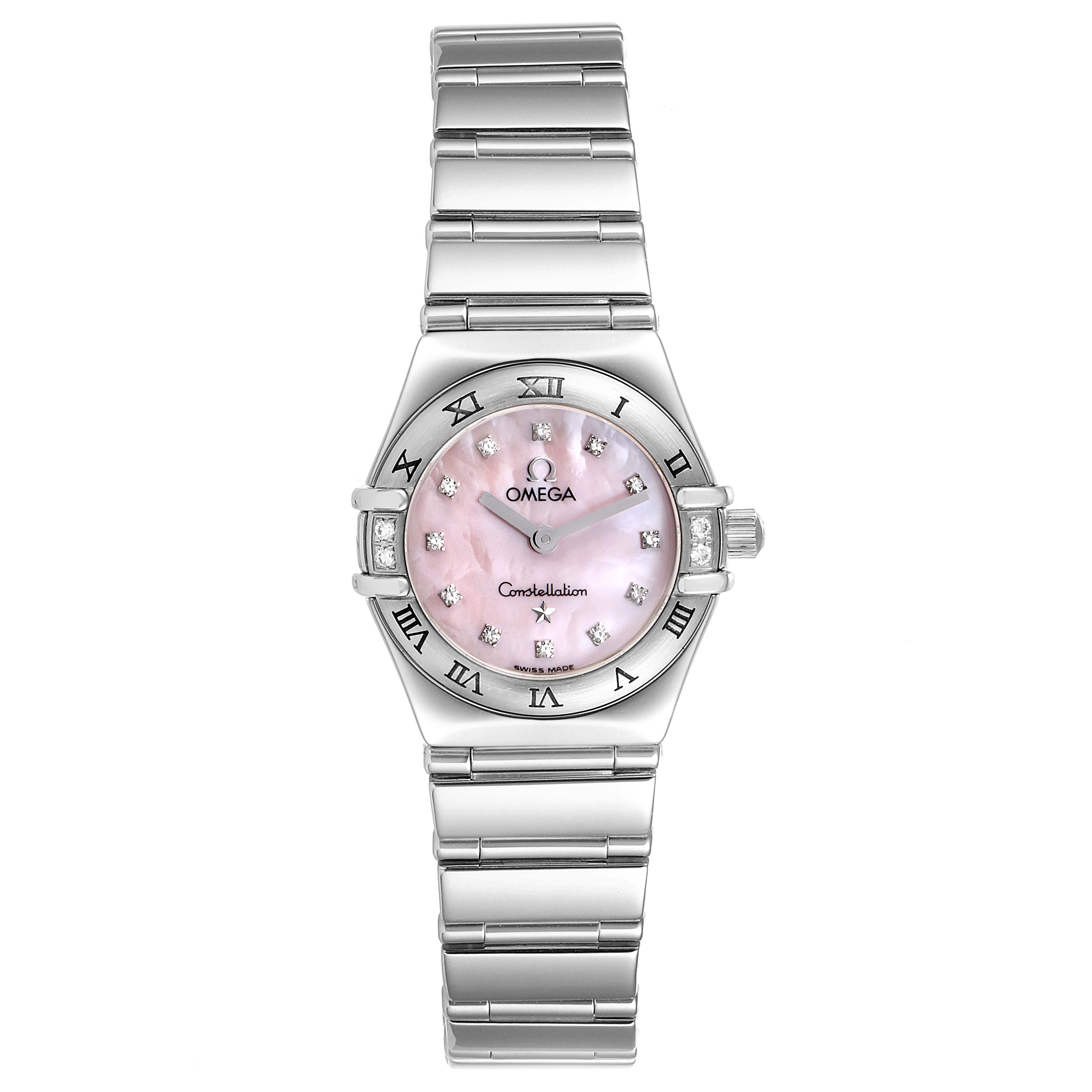 The image shows a straight-on view of the Omega 1566.66.00 Women's Stainless Steel Mother of Pearl Dial 1566.66.00 Women's Stainless Steel Mother of Pearl Dial Constellation Mini Pink MOP Diamonds Ladies Watch model 1566.66.00.