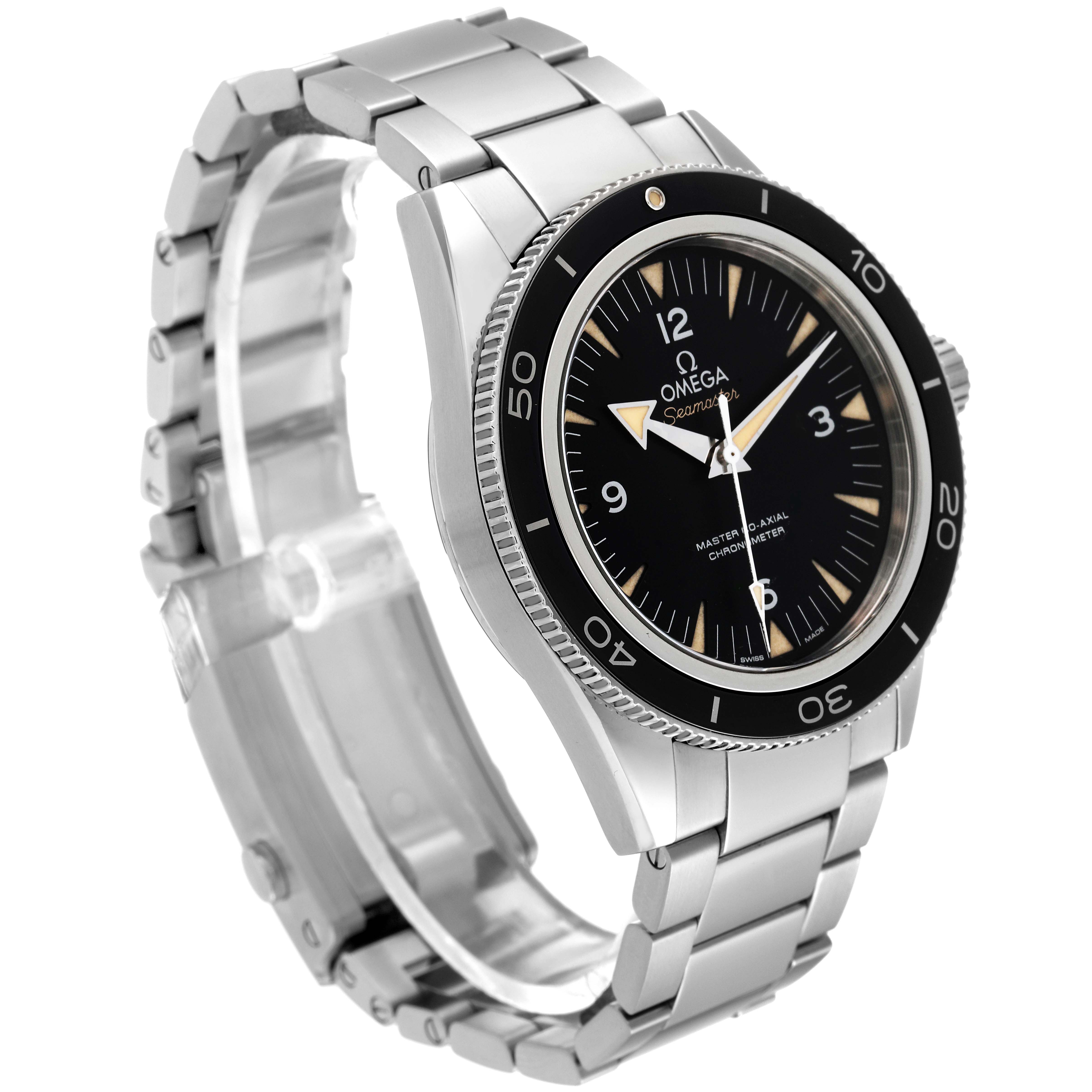 The image shows an Omega Seamaster 233.30.41.21.01.001 Men's Stainless Steel Black Dial 233.30.41.21.01.001 Men's Stainless Steel Black Dial watch from a slight right-side angle, highlighting the face, bezel, and metal band.
