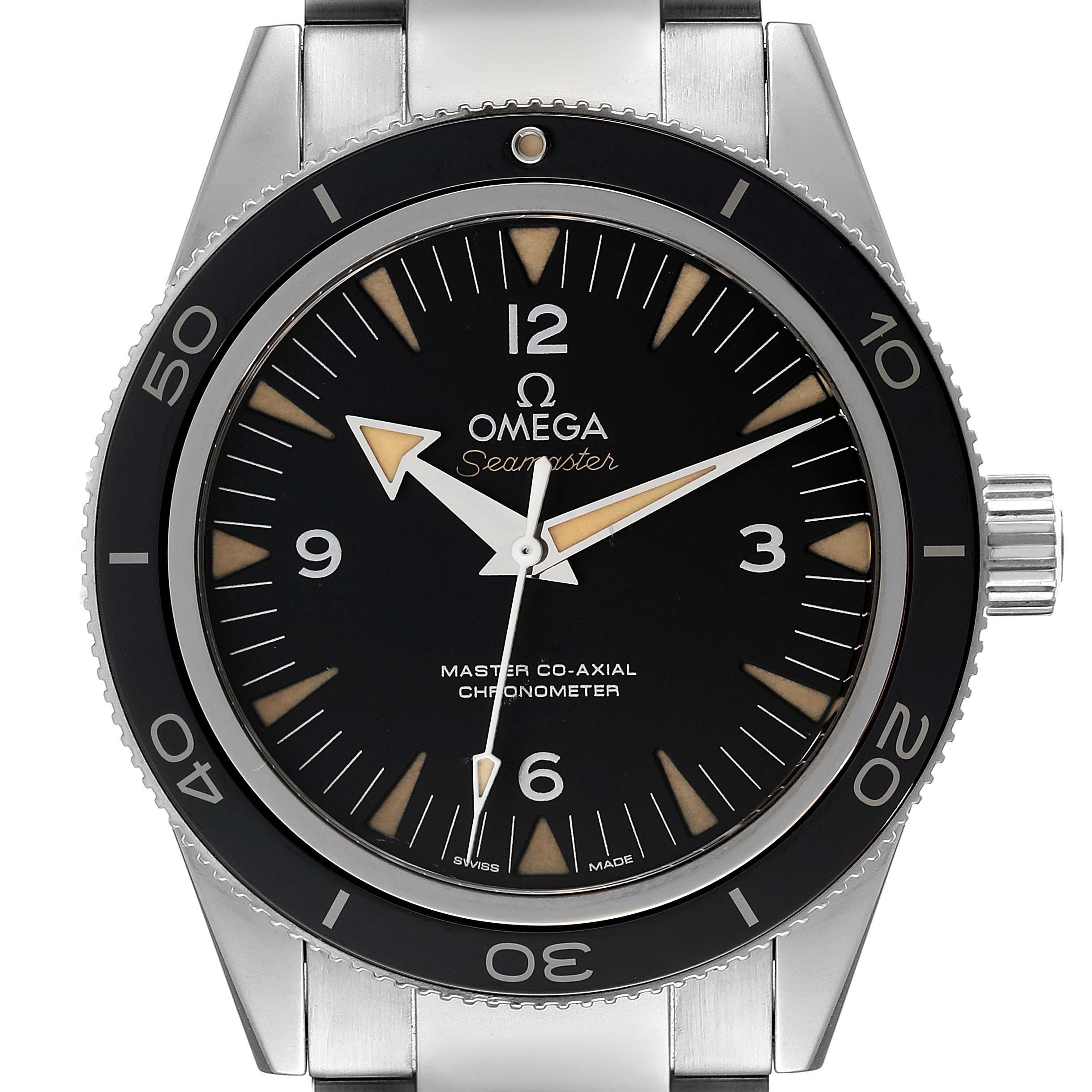 The image shows a front view of the Omega Seamaster 233.30.41.21.01.001 Men's Stainless Steel Black Dial 233.30.41.21.01.001 Men's Stainless Steel Black Dial watch, displaying its black dial, hour markers, hands, and bezel.