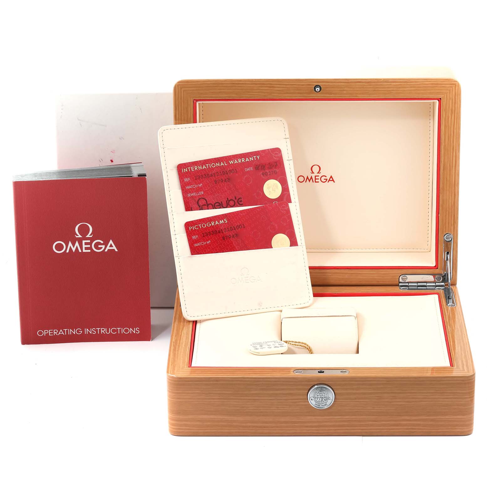 The image displays the box, warranty card, pictogram card, and operating instructions for the Omega Seamaster 233.30.41.21.01.001 Men's Stainless Steel Black Dial 233.30.41.21.01.001 Men's Stainless Steel Black Dial watch.