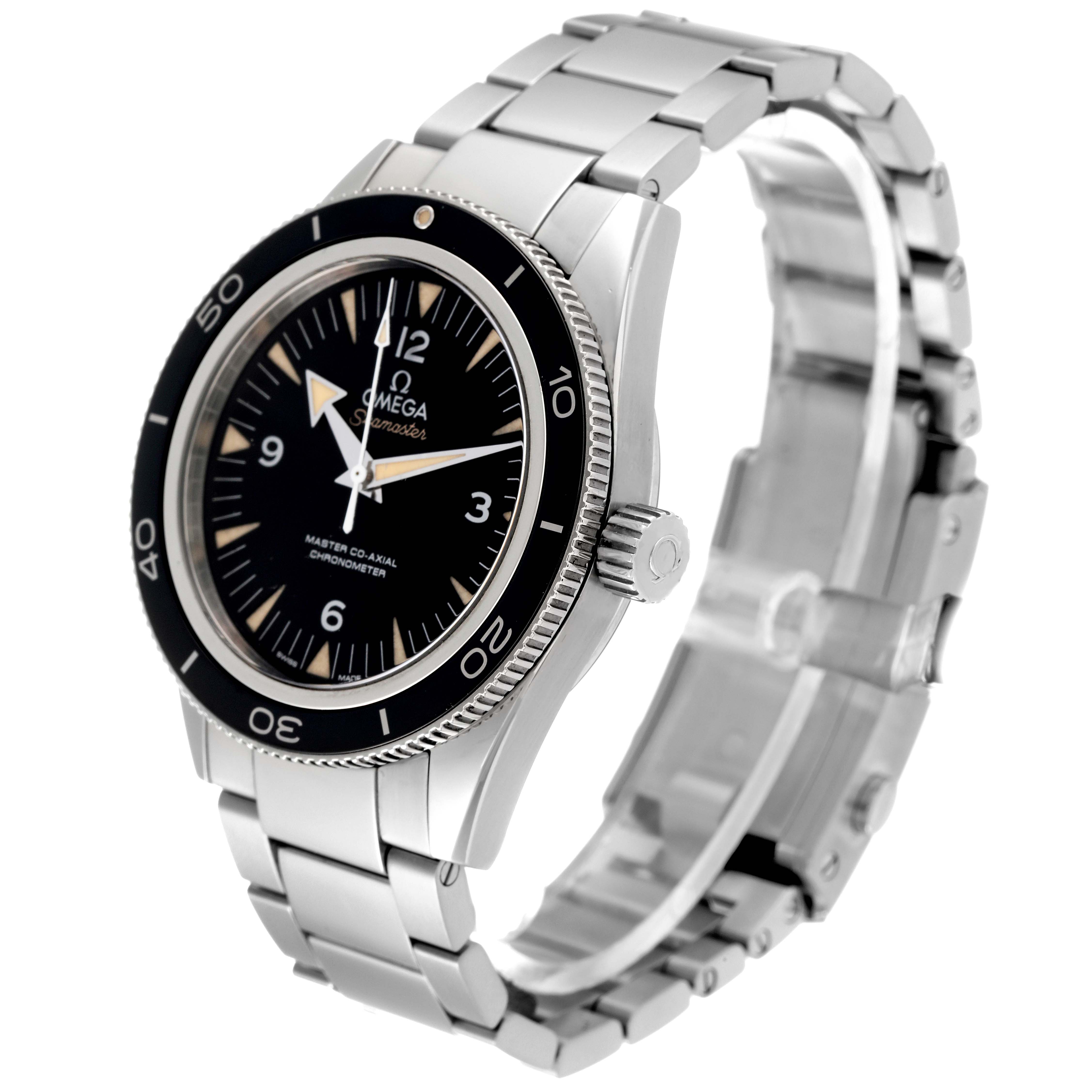 This image shows a side angle view of the Omega Seamaster 233.30.41.21.01.001 Men's Stainless Steel Black Dial 233.30.41.21.01.001 Men's Stainless Steel Black Dial, highlighting the watch face, bezel, crown, and metal bracelet.