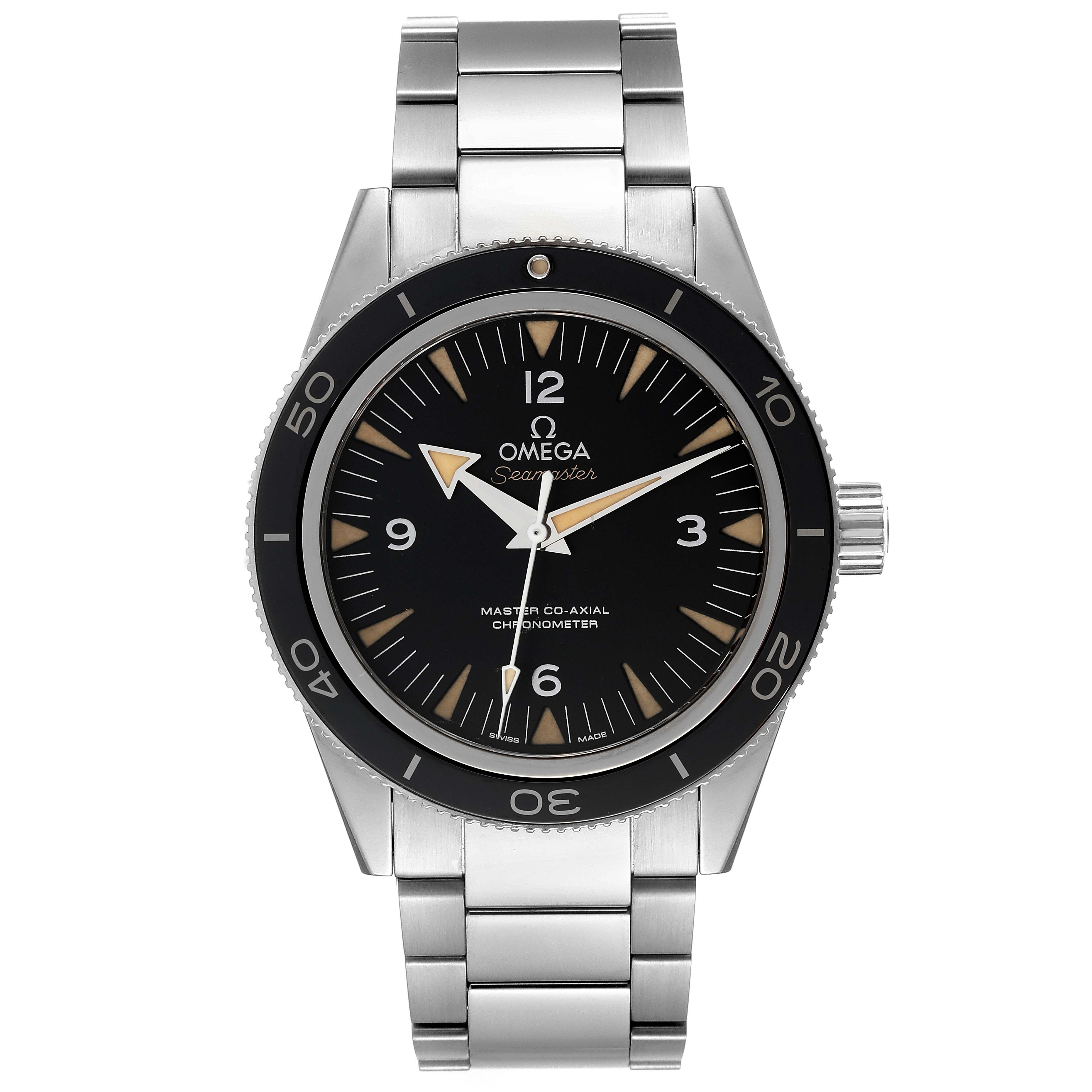 This image shows a front view of an Omega Seamaster 233.30.41.21.01.001 Men's Stainless Steel Black Dial 233.30.41.21.01.001 Men's Stainless Steel Black Dial watch, displaying its dial, bezel, and bracelet.
