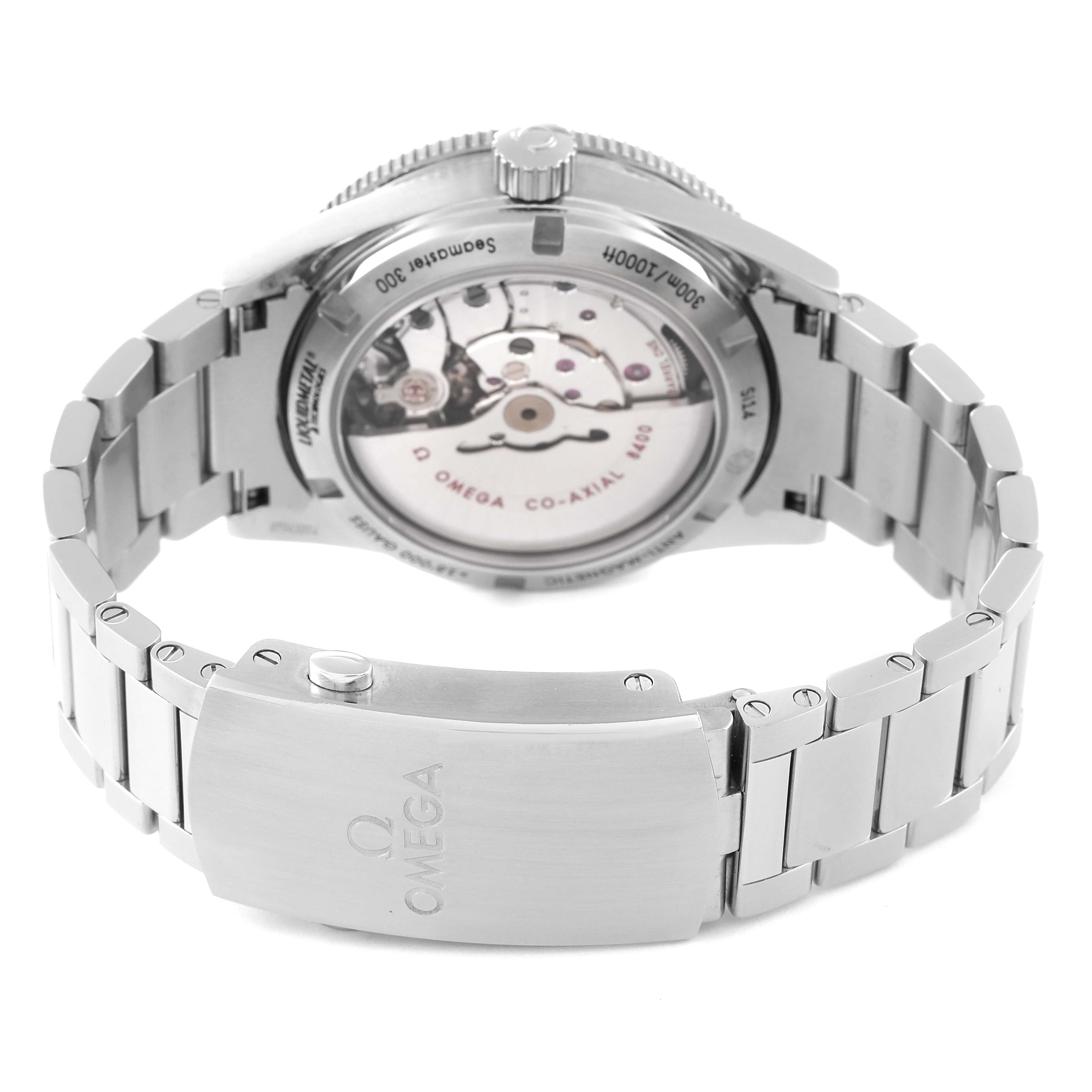 The back angle of the Omega Seamaster 233.30.41.21.01.001 Men's Stainless Steel Black Dial 233.30.41.21.01.001 Men's Stainless Steel Black Dial watch shows its stainless steel bracelet and open case back revealing the movement.