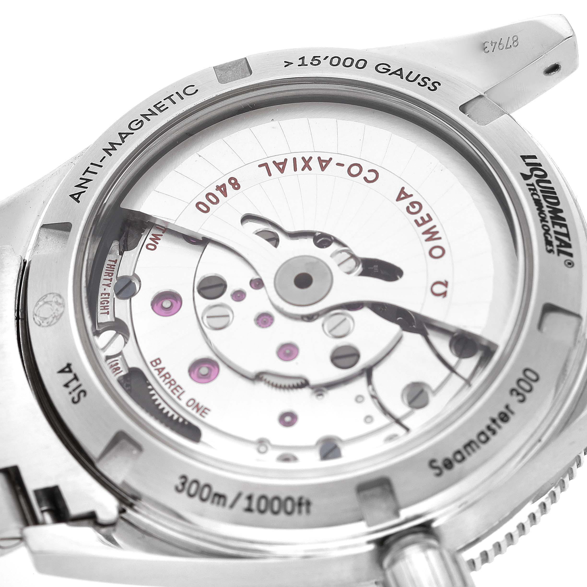 The image shows a close-up of the case back and movement of the Omega Seamaster 233.30.41.21.01.001 Men's Stainless Steel Black Dial 233.30.41.21.01.001 Men's Stainless Steel Black Dial watch, highlighting its Co-Axial 8400 movement and anti-magnetic capabilities.