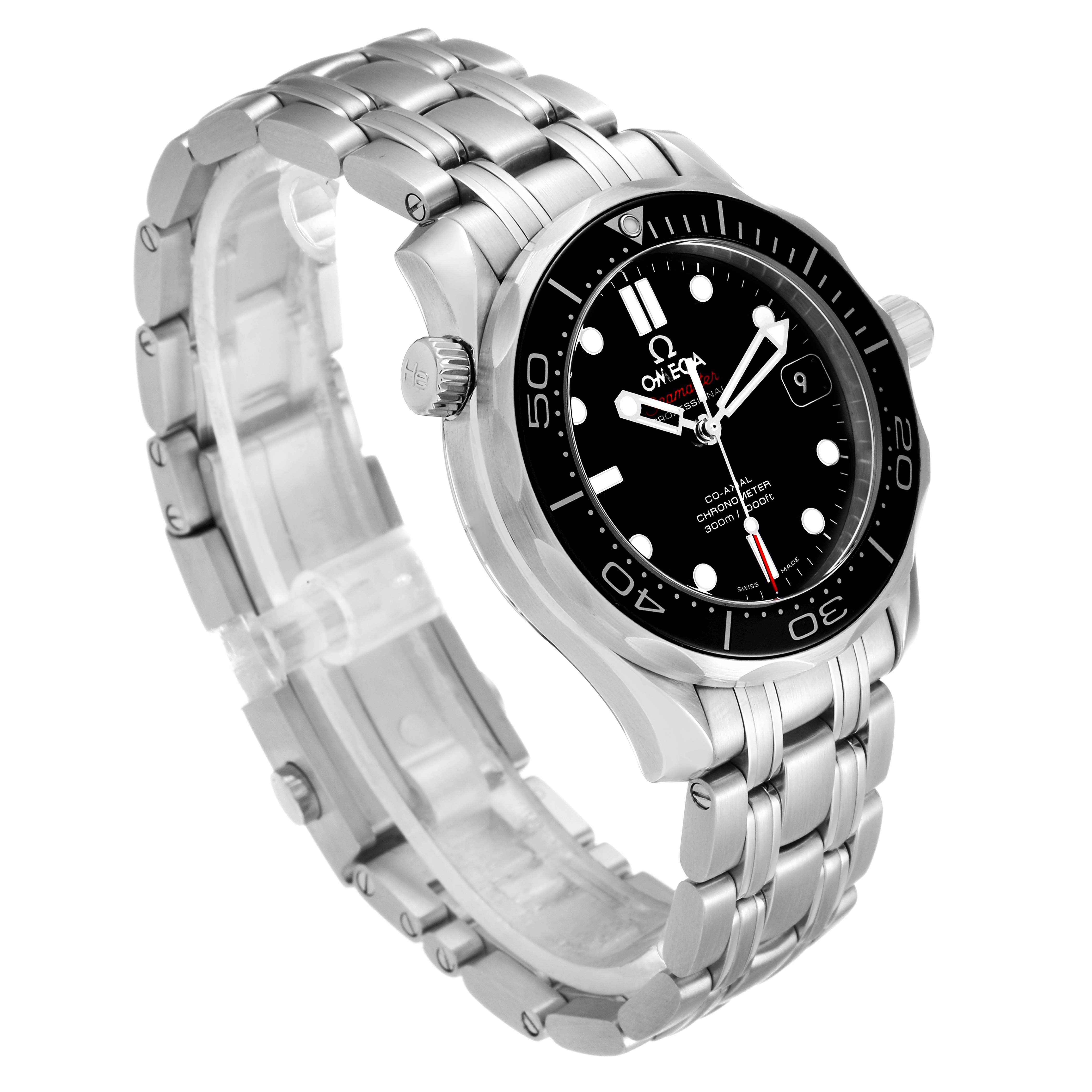 The image shows an Omega Seamaster 212.30.36.20.01.002 Men
s Stainless Steel Black Dial 212.30.36.20.01.002 Men
s Stainless Steel Black Dial watch angled to display its face and stainless steel bracelet.