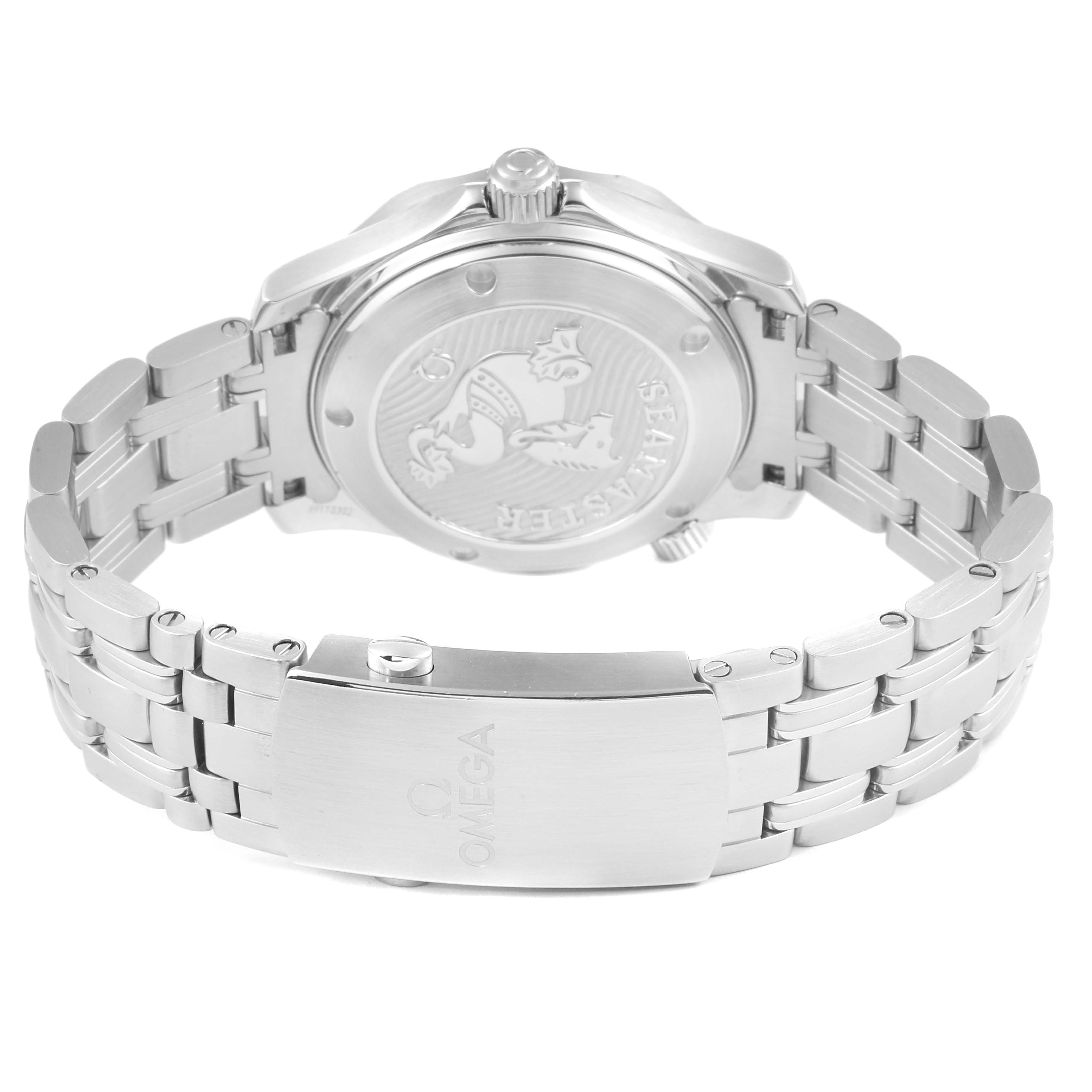 The image shows the back of the Omega Seamaster 212.30.36.20.01.002 Men
s Stainless Steel Black Dial 212.30.36.20.01.002 Men
s Stainless Steel Black Dial watch, focusing on the case back and stainless steel bracelet with the clasp visible.