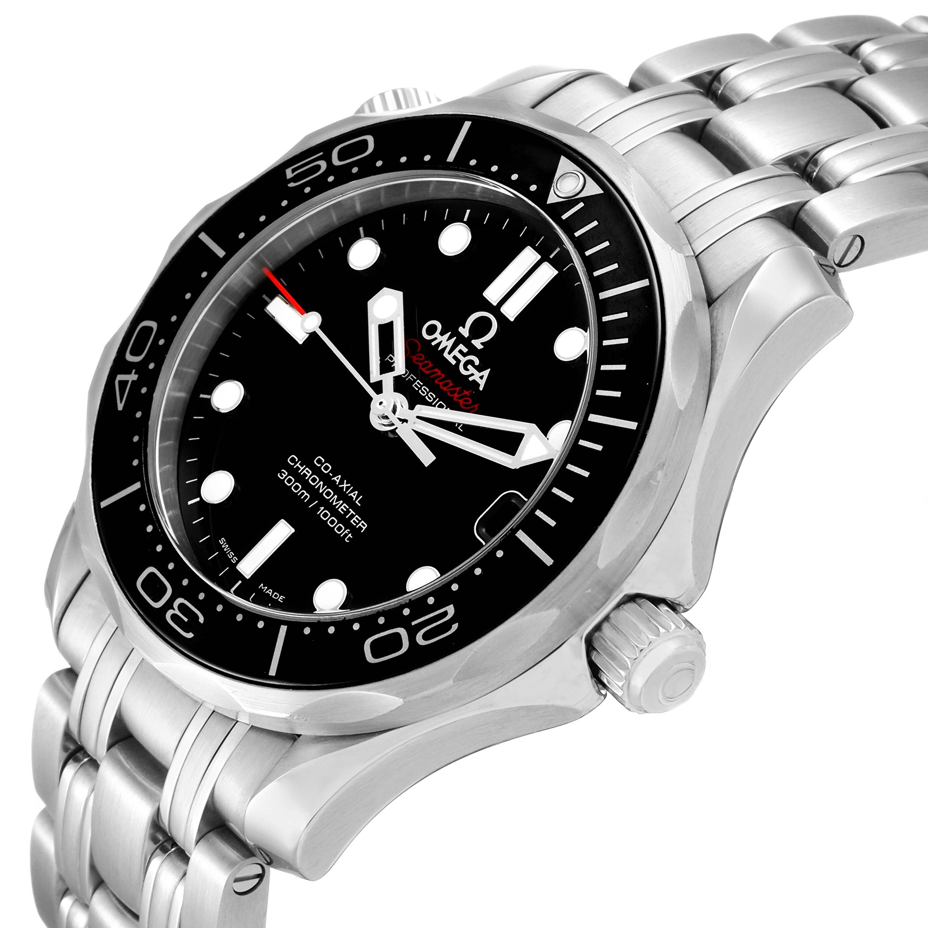 This image shows a side-angle view of the Omega Seamaster 212.30.36.20.01.002 Men
s Stainless Steel Black Dial 212.30.36.20.01.002 Men
s Stainless Steel Black Dial watch, highlighting the dial, bezel, crown, and part of the bracelet.