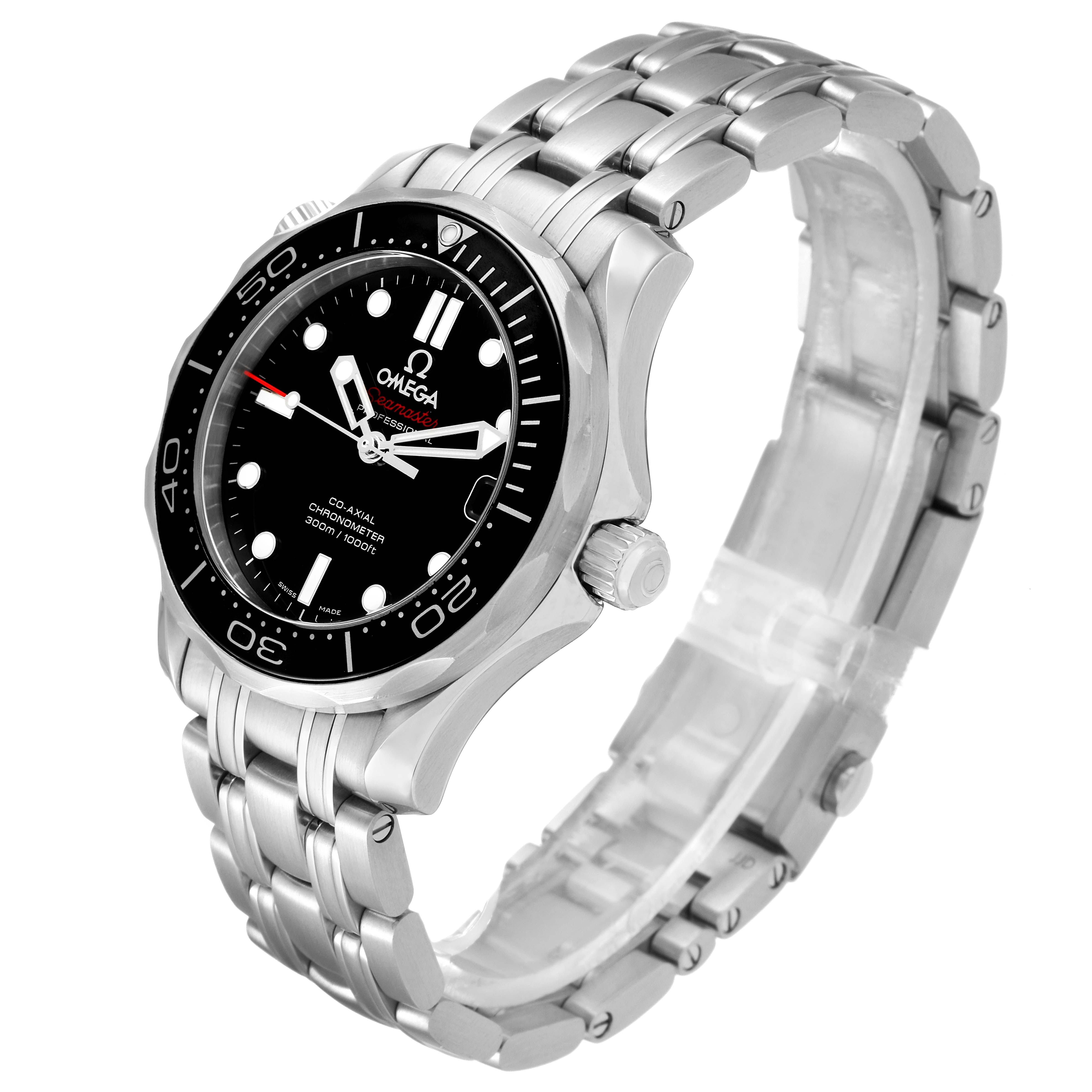 The image shows a side angle of the Omega Seamaster 212.30.36.20.01.002 Men
s Stainless Steel Black Dial 212.30.36.20.01.002 Men
s Stainless Steel Black Dial watch, displaying its stainless steel bracelet, black dial, and bezel.