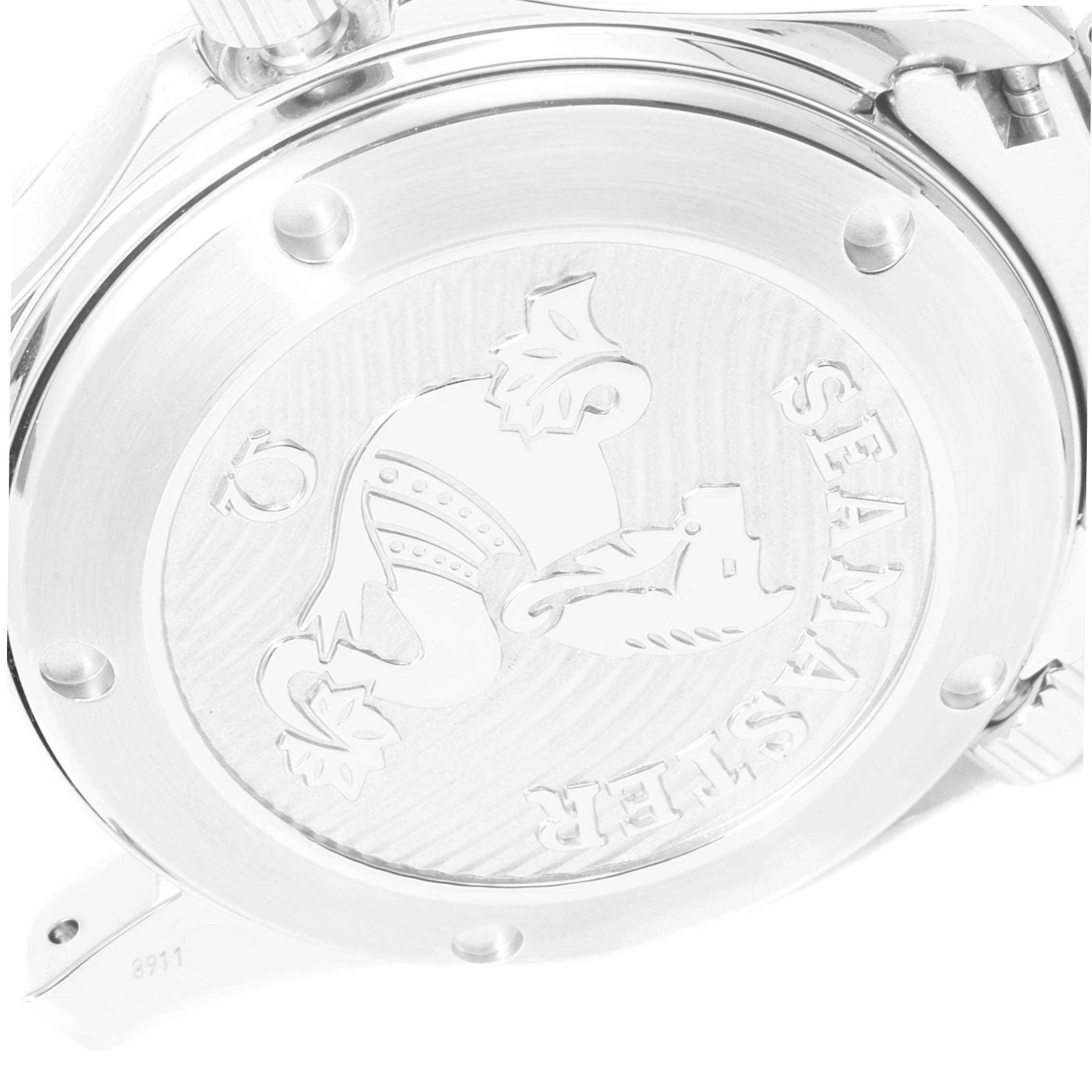 The image shows the case back of an Omega Seamaster 212.30.36.20.01.002 Men
s Stainless Steel Black Dial 212.30.36.20.01.002 Men
s Stainless Steel Black Dial model watch, displaying the emblem and engraved text.