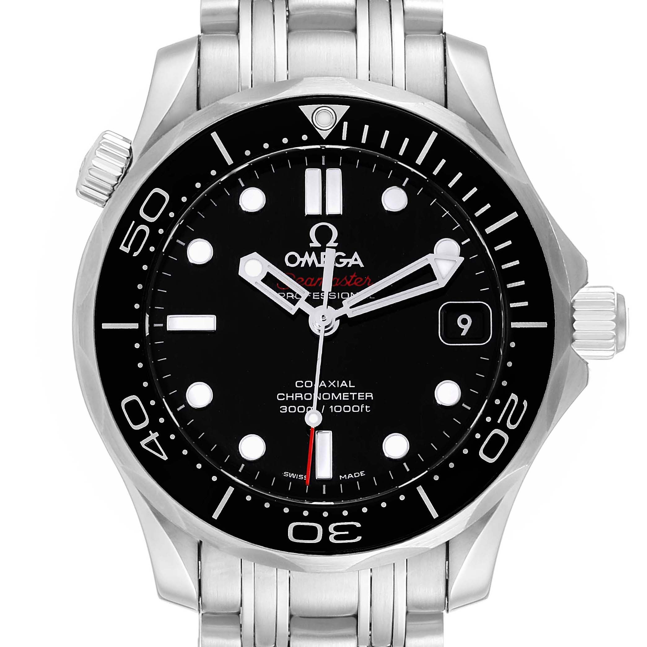 This image shows a front view of the Omega Seamaster 212.30.36.20.01.002 Men
s Stainless Steel Black Dial 212.30.36.20.01.002 Men
s Stainless Steel Black Dial watch, displaying its face, bezel, and bracelet.