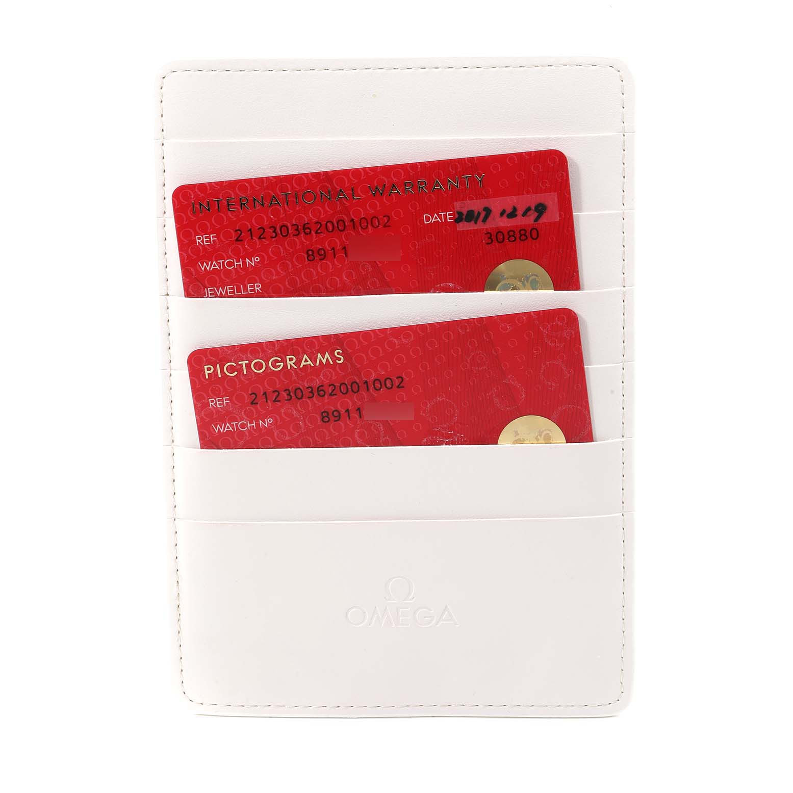 The image shows the warranty and pictogram cards for an Omega Seamaster 212.30.36.20.01.002 Men
s Stainless Steel Black Dial 212.30.36.20.01.002 Men
s Stainless Steel Black Dial watch in a white cardholder.