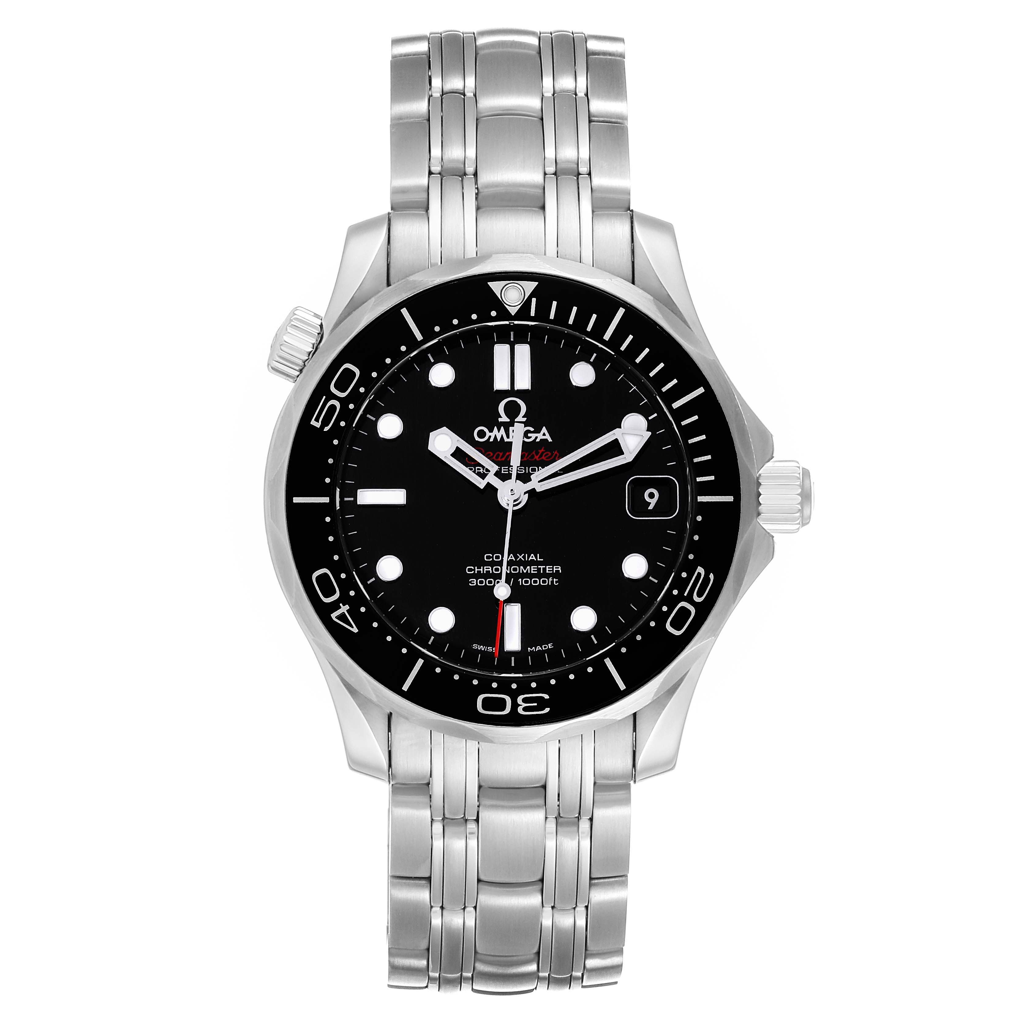 The Omega Seamaster 212.30.36.20.01.002 Men
s Stainless Steel Black Dial 212.30.36.20.01.002 Men
s Stainless Steel Black Dial watch is shown from a front angle, featuring its face, bezel, and stainless steel bracelet.