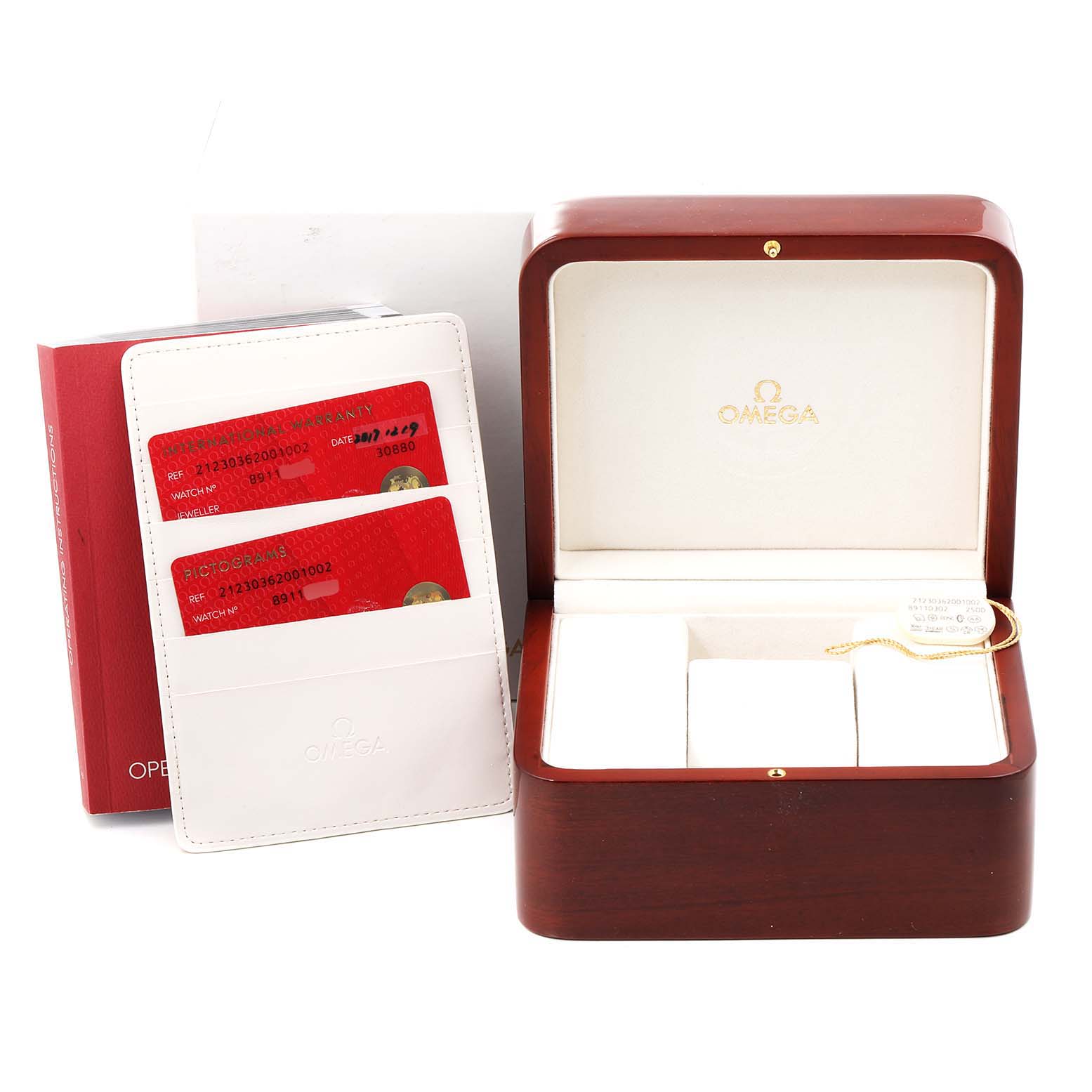 The image shows an Omega Seamaster 212.30.36.20.01.002 Men
s Stainless Steel Black Dial 212.30.36.20.01.002 Men
s Stainless Steel Black Dial watch box and accessories, including a red booklet, white cardholder, and warranty cards.