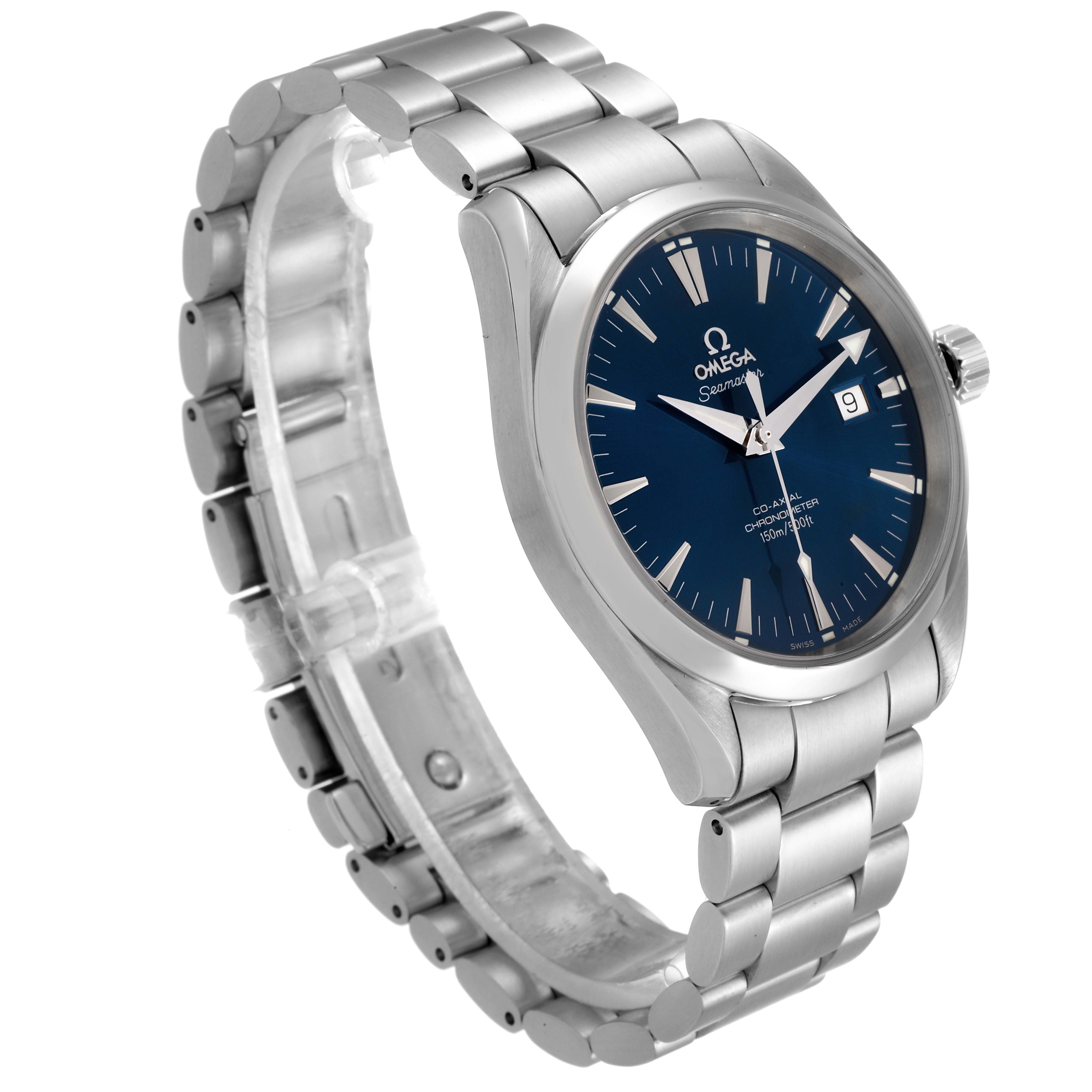 The Omega Aqua Terra 2503.80.00 Men
s Stainless Steel Blue Dial 2503.80.00 Men
s Stainless Steel Blue Dial watch is shown at an angled view, highlighting the blue dial, stainless steel bracelet, and side profile.