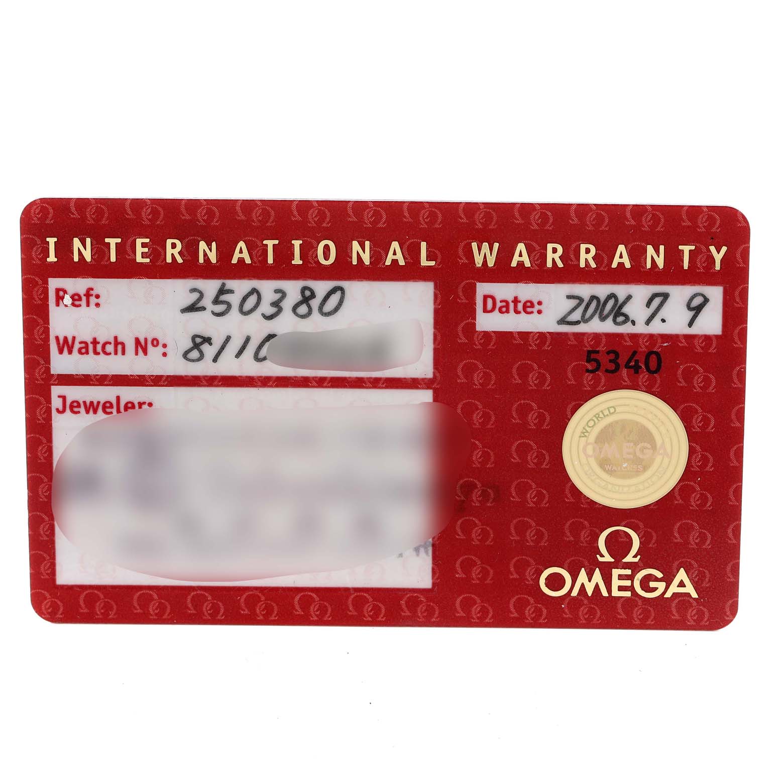 This image shows an international warranty card for an Omega Aqua Terra 2503.80.00 Men
s Stainless Steel Blue Dial 2503.80.00 Men
s Stainless Steel Blue Dial watch, including the reference number, watch number, and purchase date.