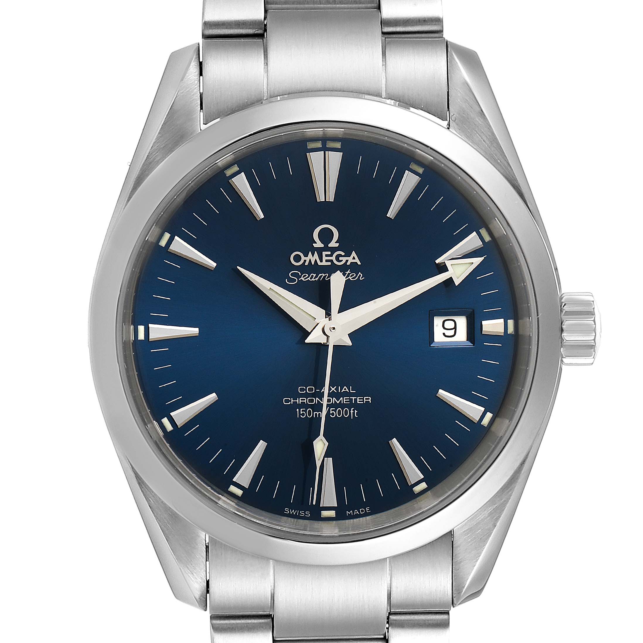 This image shows a front view of the Omega Aqua Terra 2503.80.00 Men
s Stainless Steel Blue Dial 2503.80.00 Men
s Stainless Steel Blue Dial watch, displaying the face, bezel, crown, and part of the bracelet.
