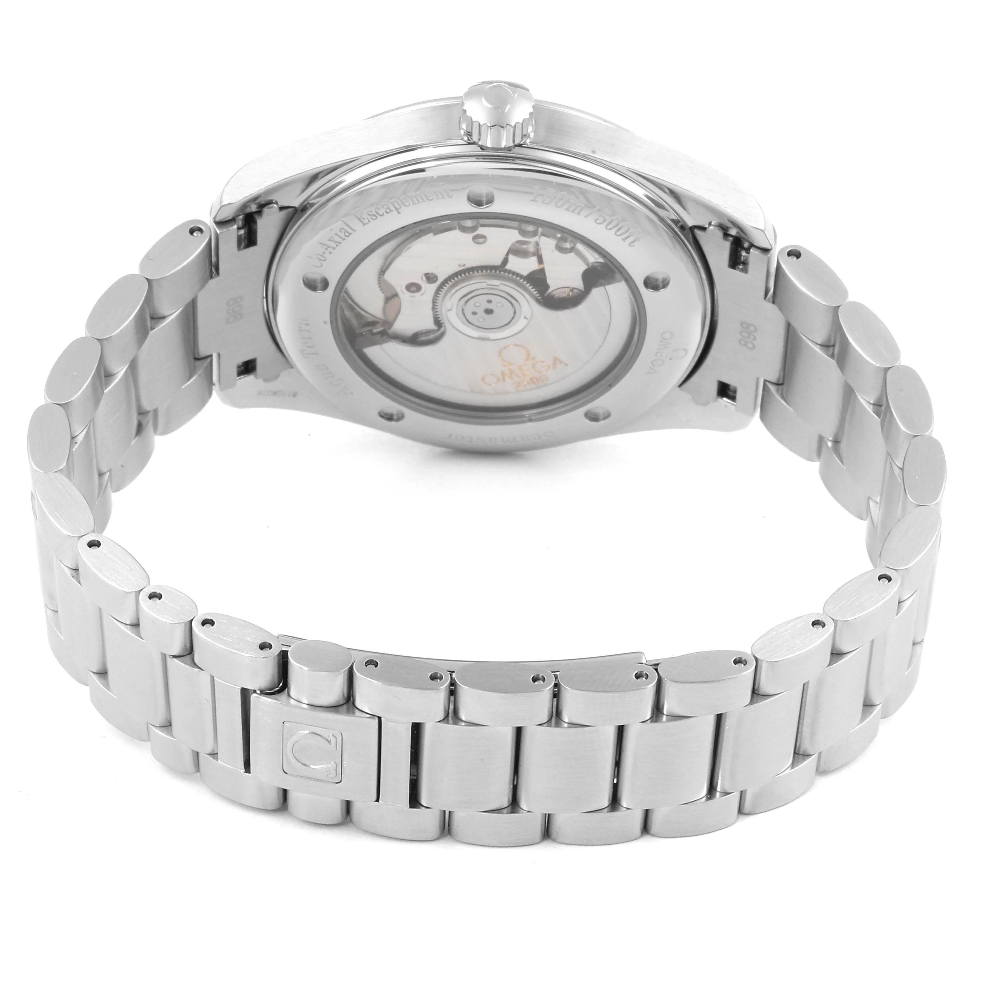 The image shows the back case and metal bracelet of the Omega Aqua Terra 2503.80.00 Men
s Stainless Steel Blue Dial 2503.80.00 Men
s Stainless Steel Blue Dial watch, revealing its internal mechanism.