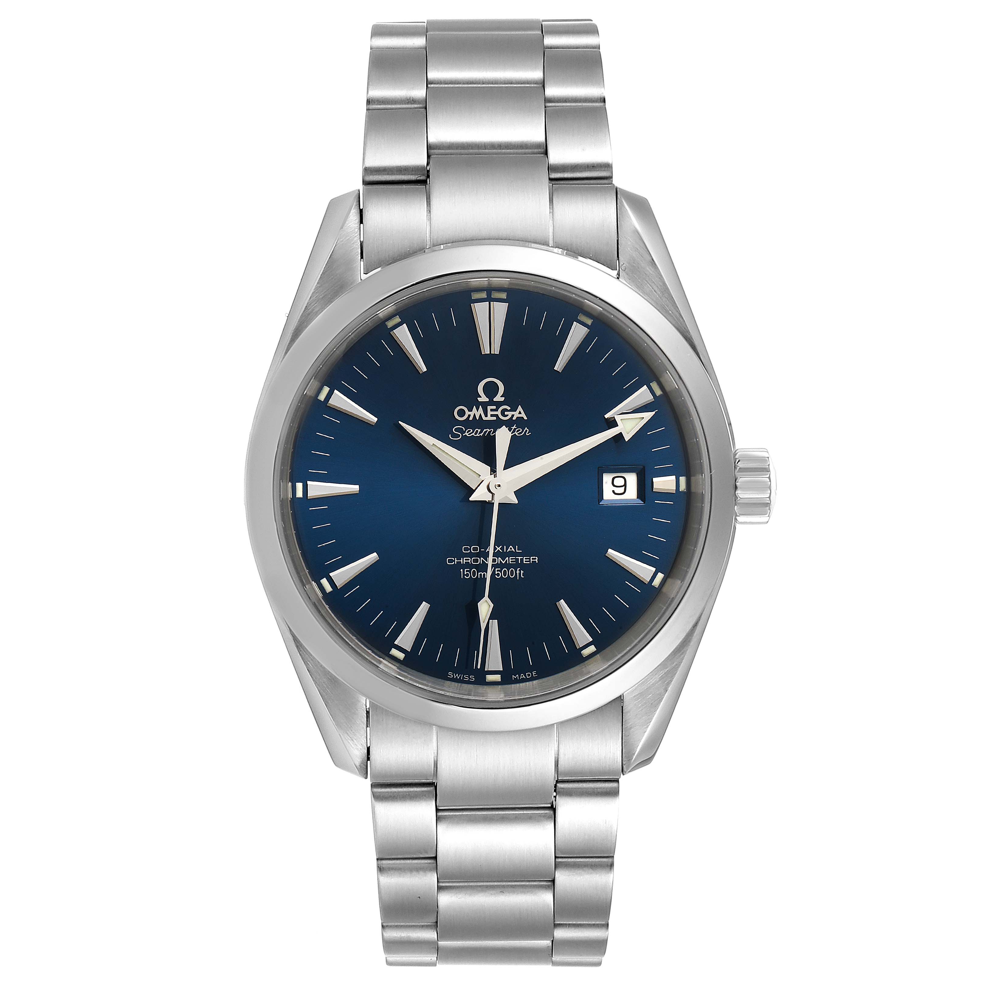 The image shows a front view of the Omega Seamaster Aqua Terra watch, highlighting its blue dial, stainless steel bracelet, and date window.