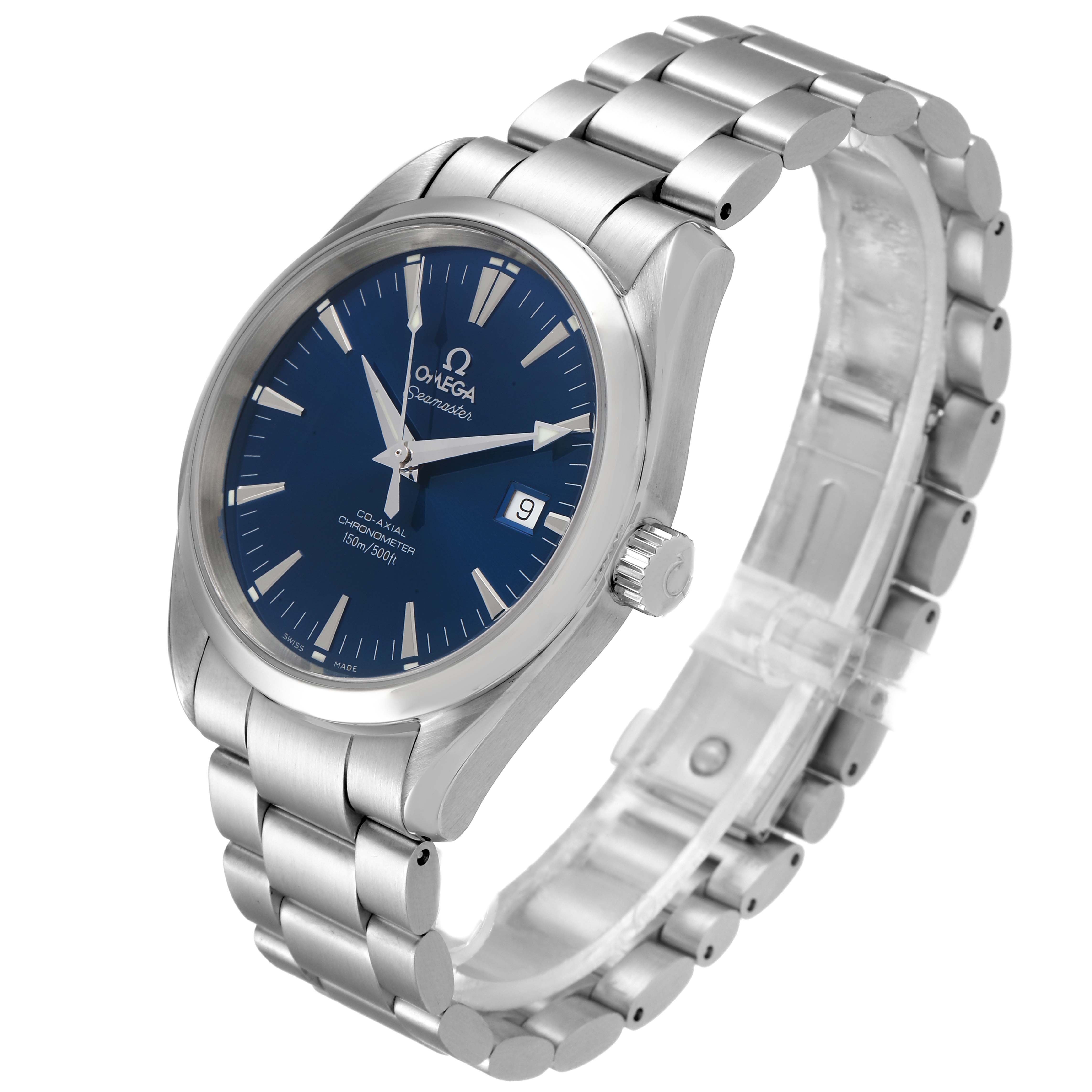 The Omega Aqua Terra 2503.80.00 Men
s Stainless Steel Blue Dial 2503.80.00 Men
s Stainless Steel Blue Dial watch is shown at a three-quarter angle, displaying its blue dial, date window, and metal bracelet.