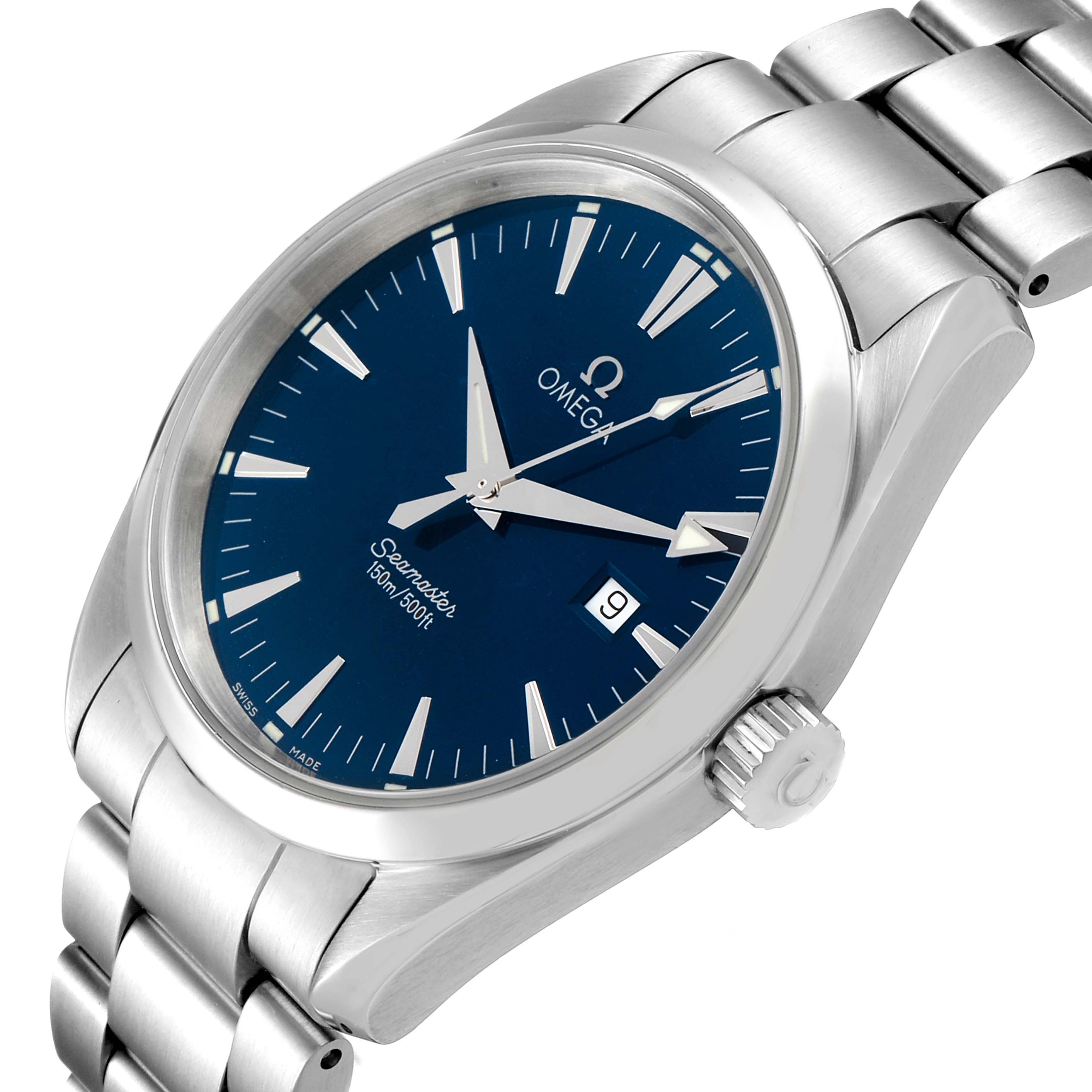 The image shows an Omega Aqua Terra 2517.80.00 Men
s Stainless Steel Blue Dial 2517.80.00 Men
s Stainless Steel Blue Dial watch at an angled close-up, highlighting the blue dial, crown, and metal bracelet.
