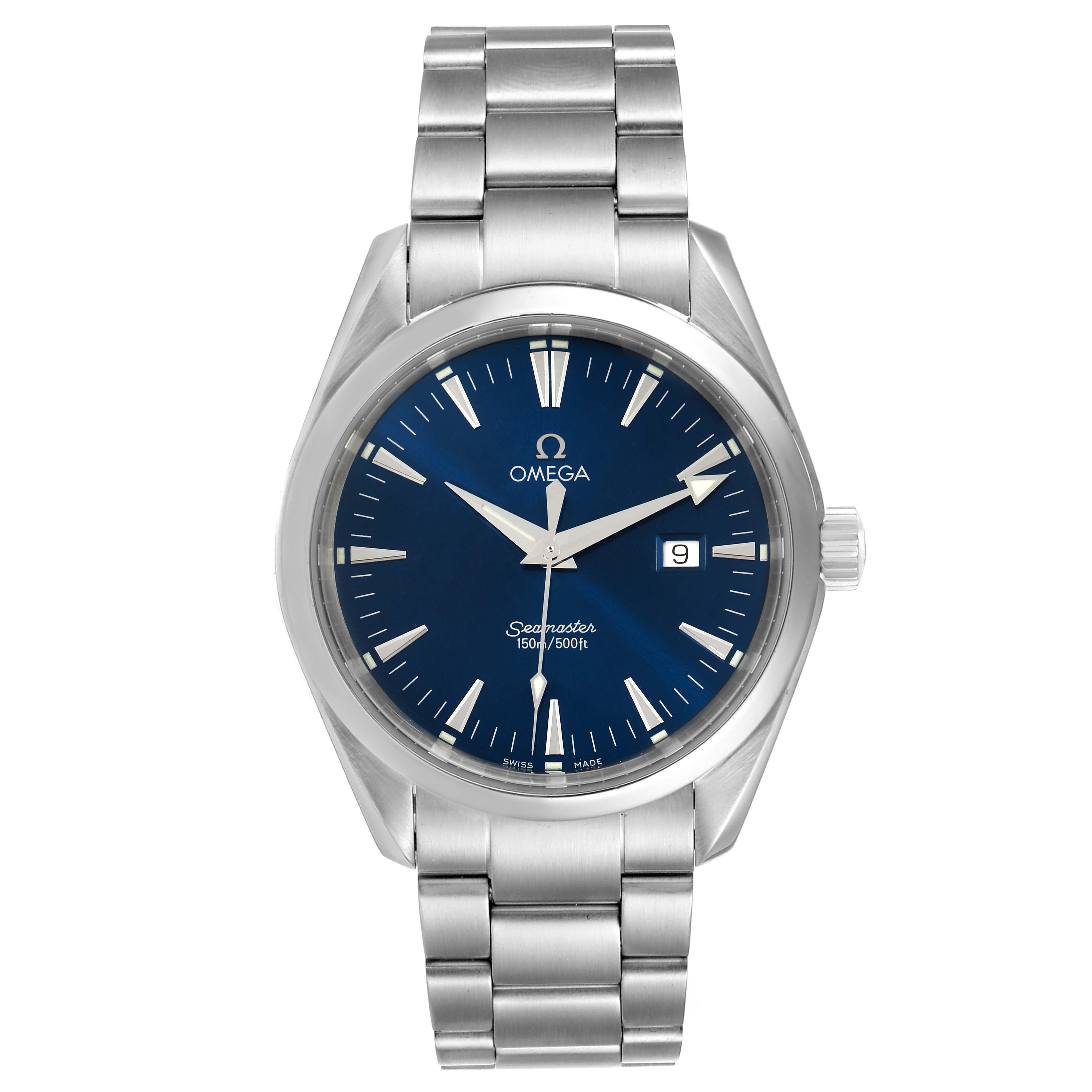 This image shows a front view of the Omega Aqua Terra 2517.80.00 Men
s Stainless Steel Blue Dial 2517.80.00 Men
s Stainless Steel Blue Dial watch, highlighting its blue dial, stainless steel bracelet, and case.
