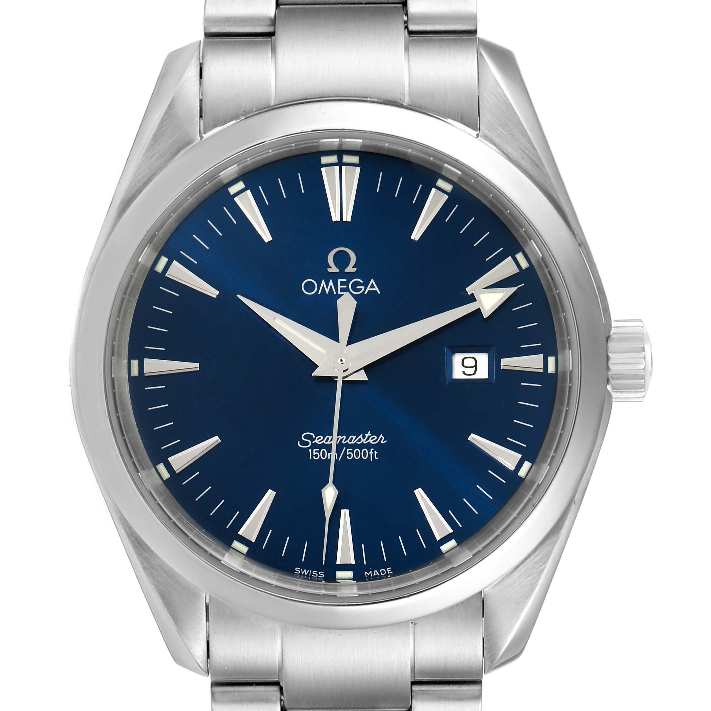 The image shows a frontal view of the Omega Aqua Terra 2517.80.00 Men
s Stainless Steel Blue Dial 2517.80.00 Men
s Stainless Steel Blue Dial watch displaying the dial, hands, date window, and part of the bracelet.
