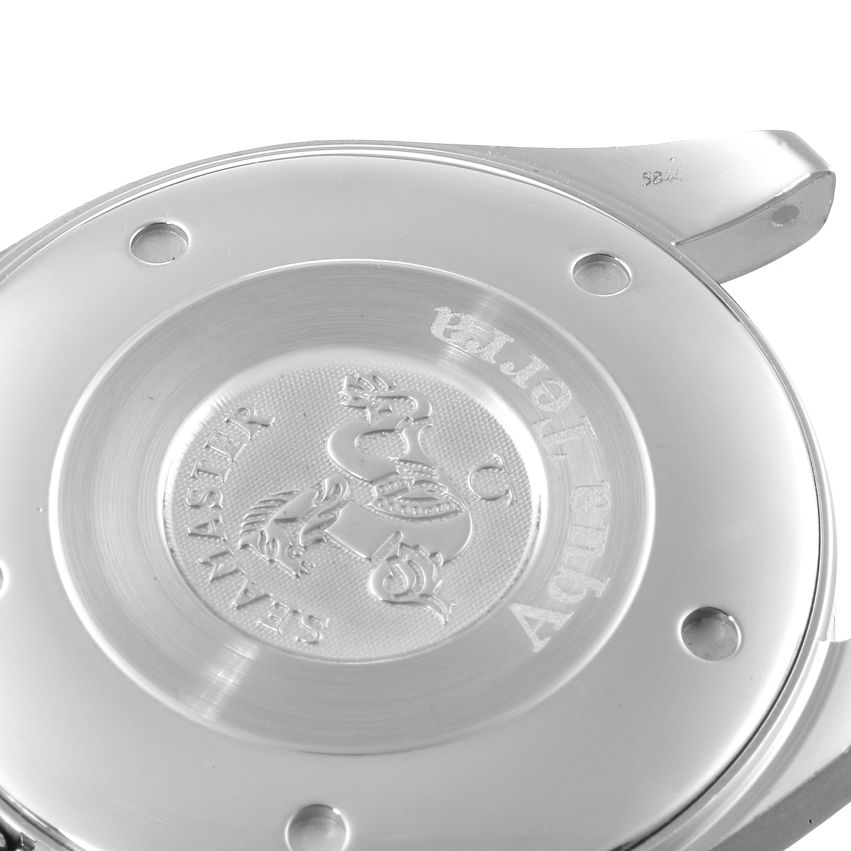 The image shows a close-up of the case back of the Omega Aqua Terra 2517.80.00 Men
s Stainless Steel Blue Dial 2517.80.00 Men
s Stainless Steel Blue Dial watch.