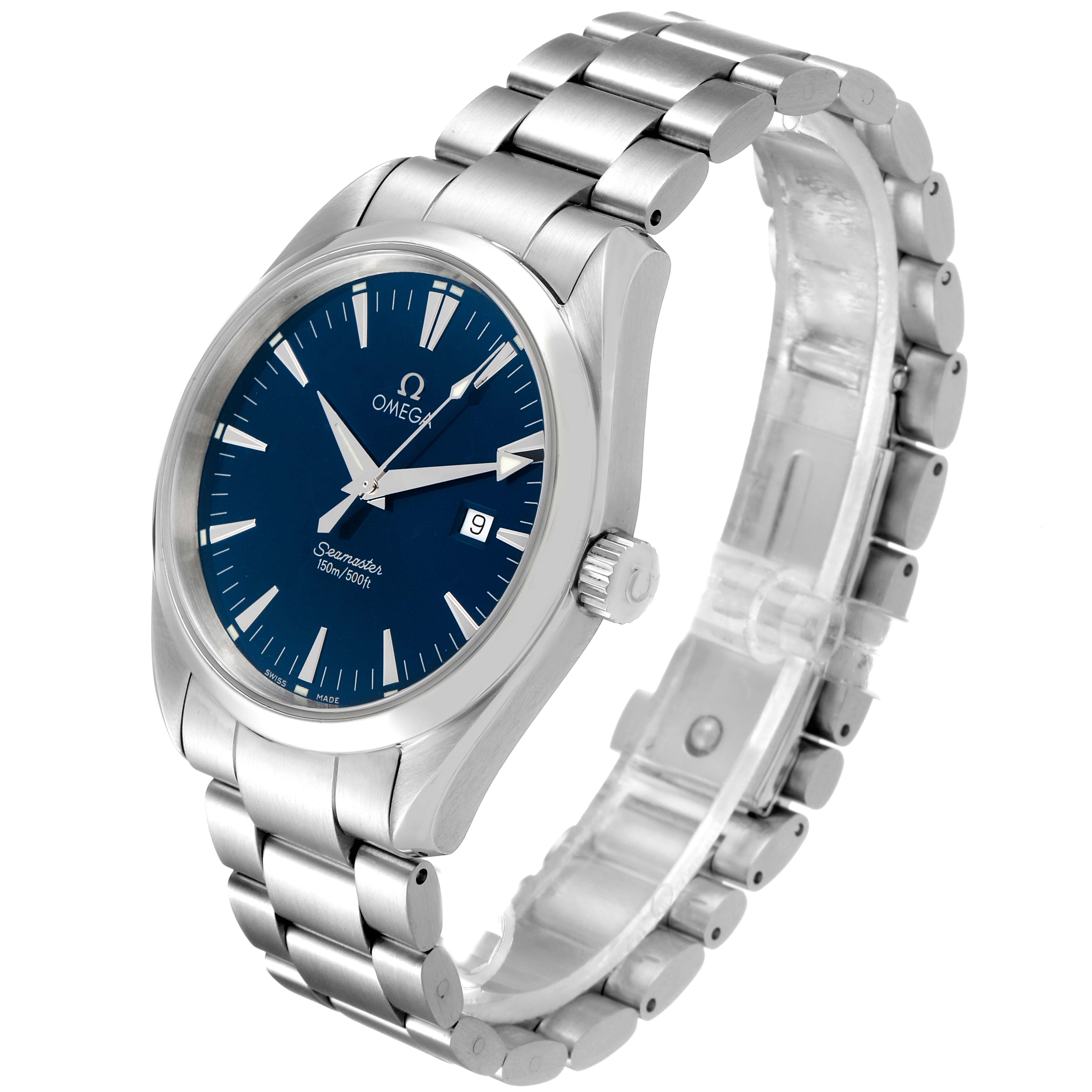 The Omega Aqua Terra 2517.80.00 Men
s Stainless Steel Blue Dial 2517.80.00 Men
s Stainless Steel Blue Dial watch is shown at a three-quarter angle, highlighting the face, bezel, crown, and bracelet.