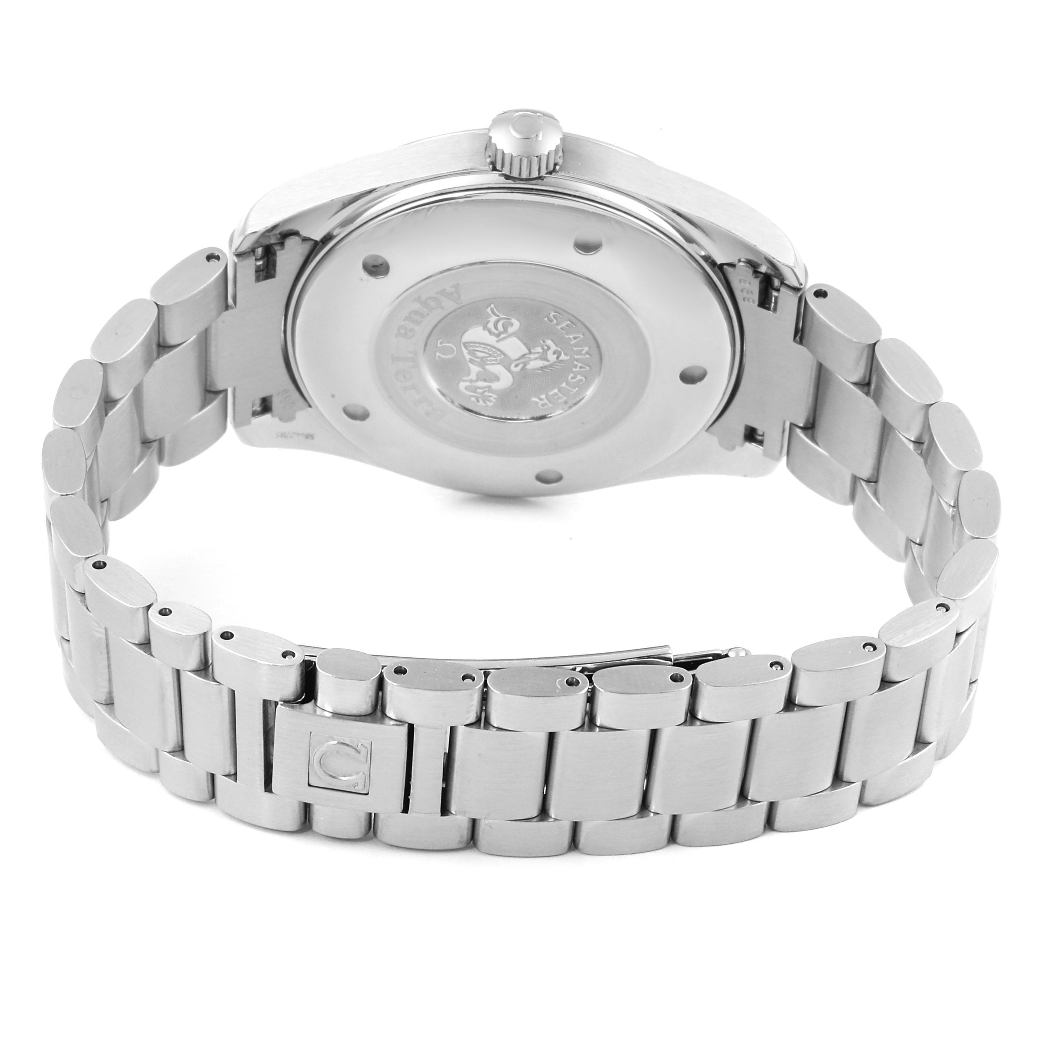 The image shows the back view of an Omega Aqua Terra 2517.80.00 Men
s Stainless Steel Blue Dial 2517.80.00 Men
s Stainless Steel Blue Dial watch, highlighting its case back and metal bracelet.